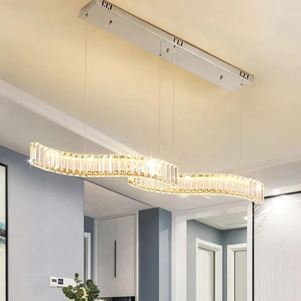 Modern Two Wave Crystal Pendant Light - Elegant Dining Room Chandelier for Kitchen Island, Breakfast Nook & Entryway Lighting
