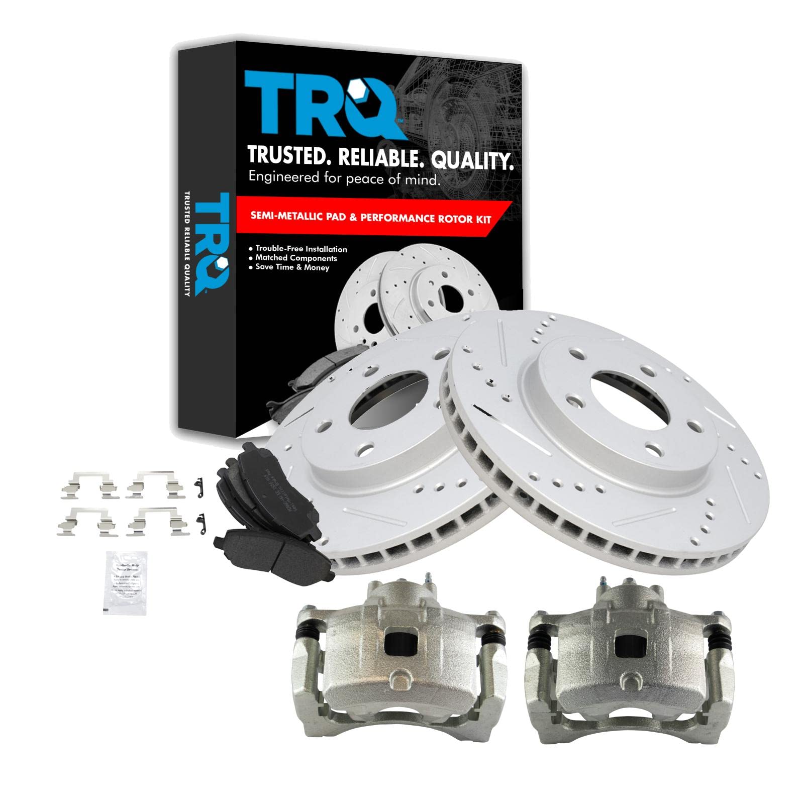 TRQ High-Performance Front Brake Kit - Semi-Metallic Vented Brake Pads & G-Coated Rotors for 2007-2012 Dodge Caliber | Improved Stopping Power for City Driving & Highway Commutes