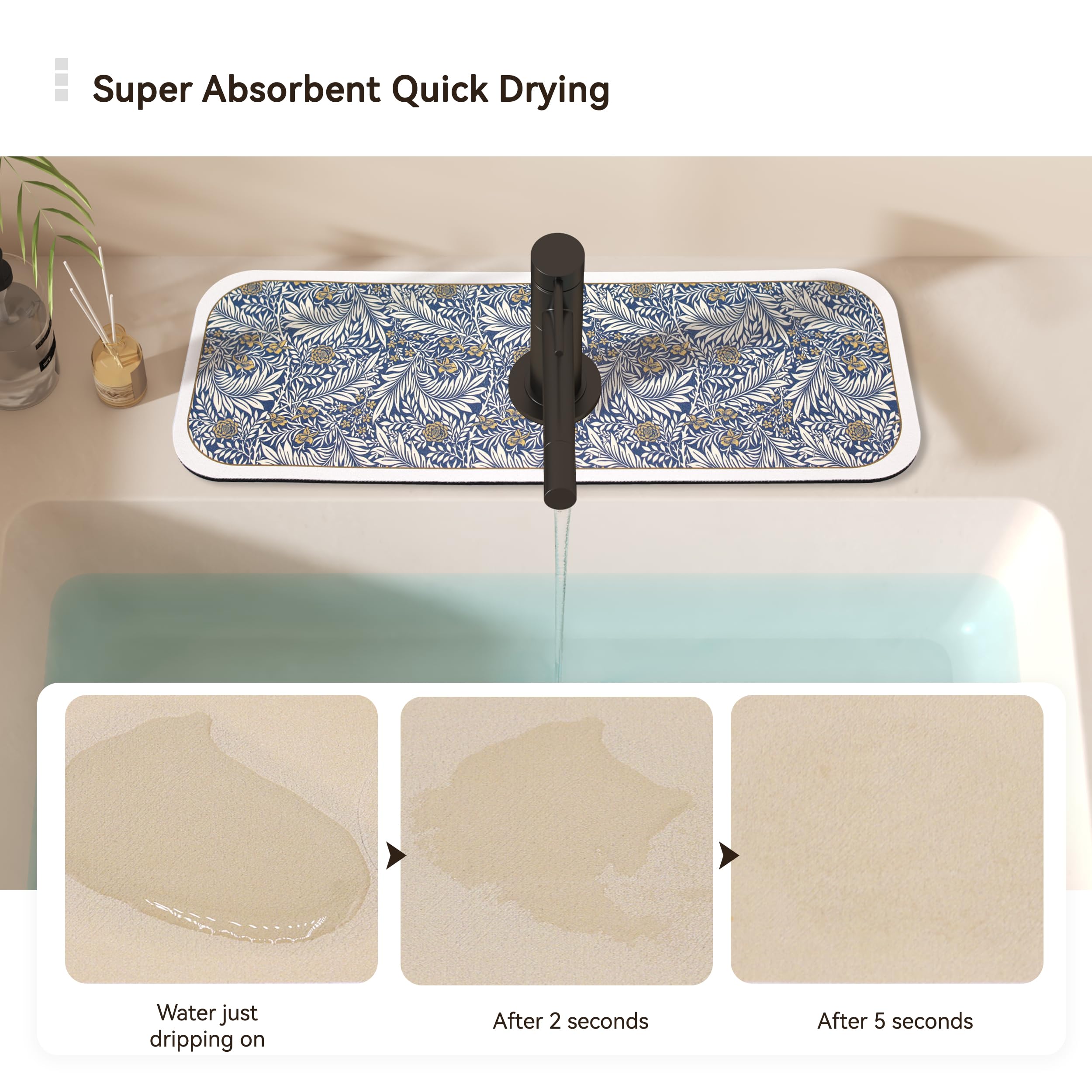 FerdY 2-Pack Splash Guard for Kitchen Sink Faucet | 15x5 Inch Absorbent Fast Drying Mat | Drip Catcher Pad for Bathroom & Bar Sink | Washable, Spillproof & Easy Care Leaf Pattern | Perfect for Preventing Water Splashes & Keeping Countertops Dry