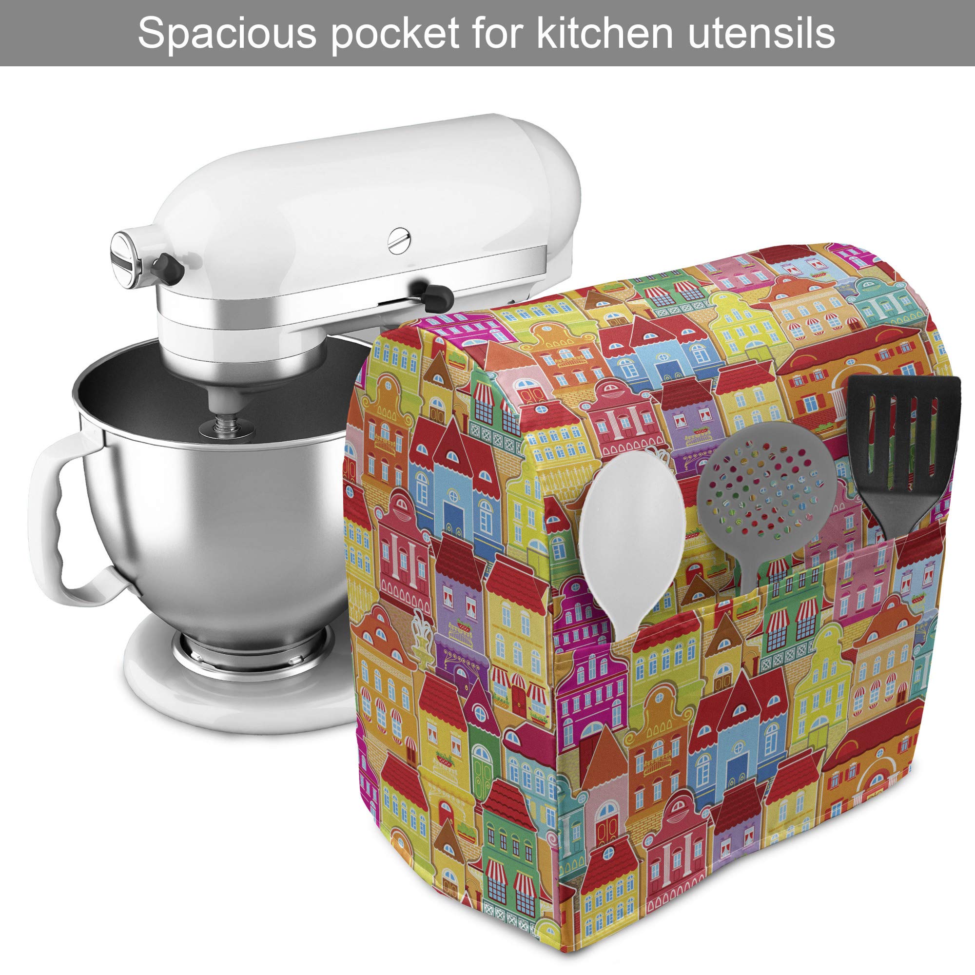 Ambesonne Cartoon Cityscape Stand Mixer Cover - European Architecture Art with Pillars & Fountains Design, 6-8 Quart Kitchen Appliance Organizer Bag with Pocket, Multicolor - Perfect for Baking, Cooking & Kitchen Organization