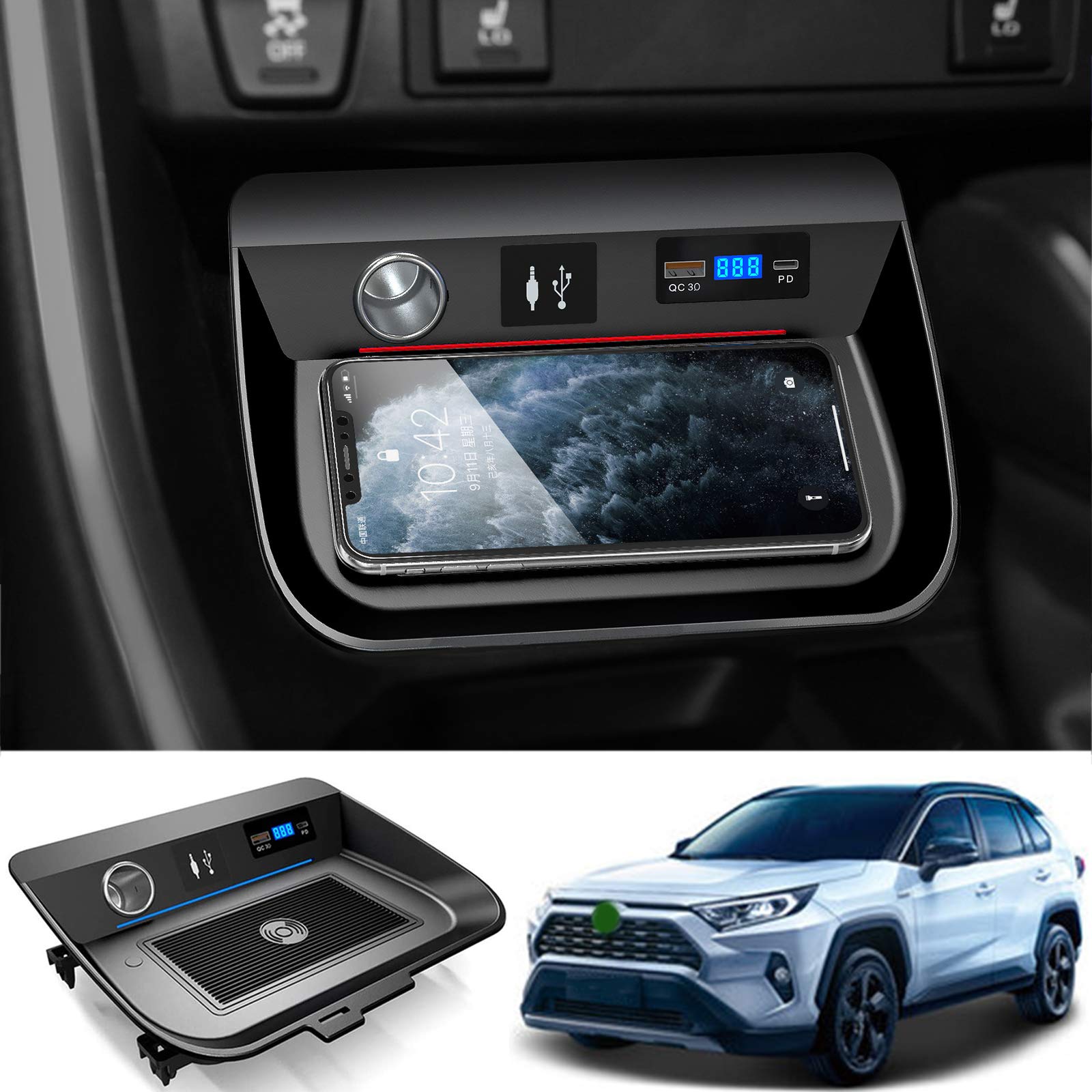 Wireless Car Phone Charger for Toyota RAV4 2019-2021 - 15W Fast Charging Pad with QC3.0 USB & 18W PD Port - Perfect for Commuting, Road Trips & Hands-Free Charging
