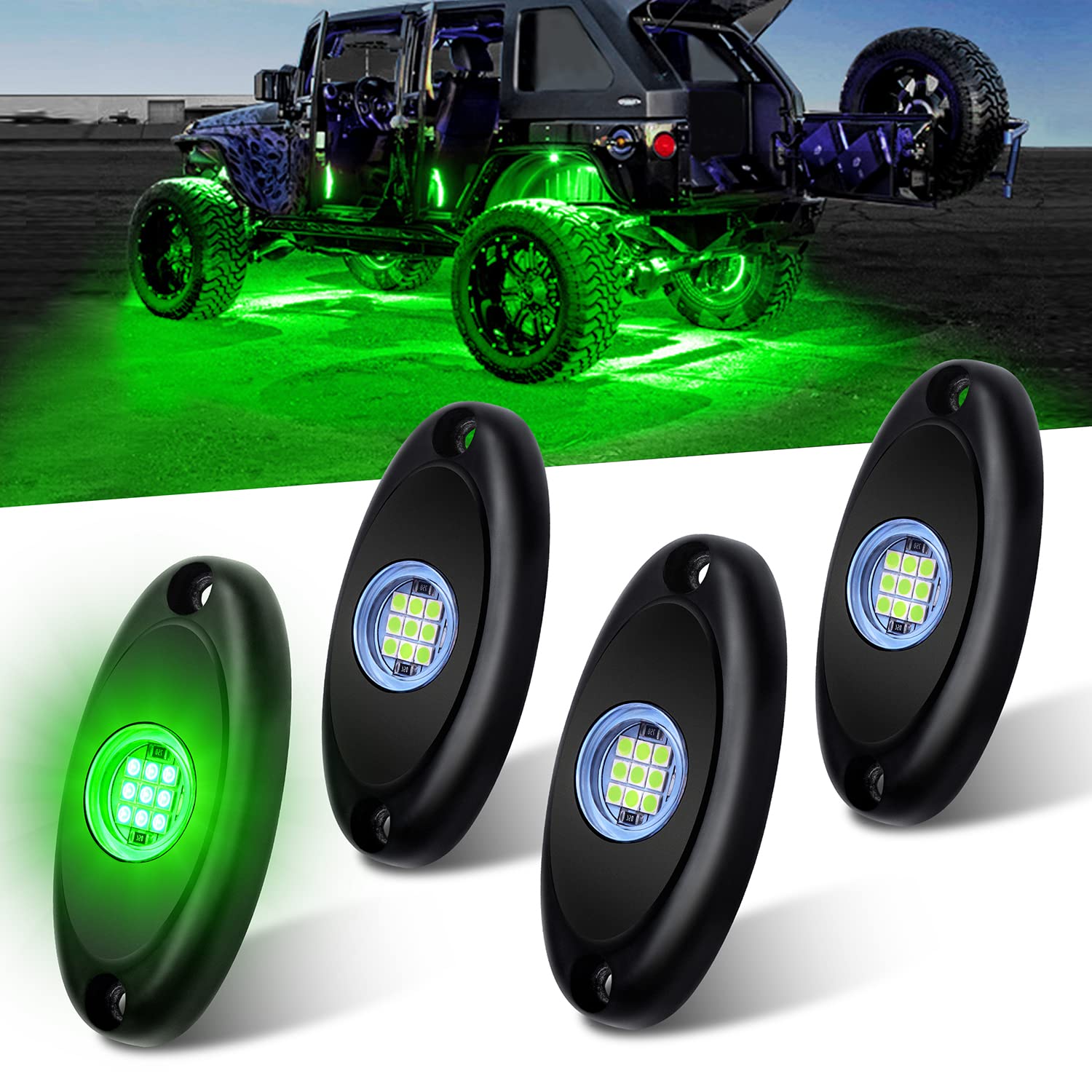 FUGUANG Waterproof Green LED Rock Lights - 4 Pods for Car Underbody, Interior & Exterior Decoration | Underglow Lighting Kit for Jeep, Truck, SUV, ATV & Boat | Perfect for Off-Roading, Car Shows & Night Driving (4-Pack Green)