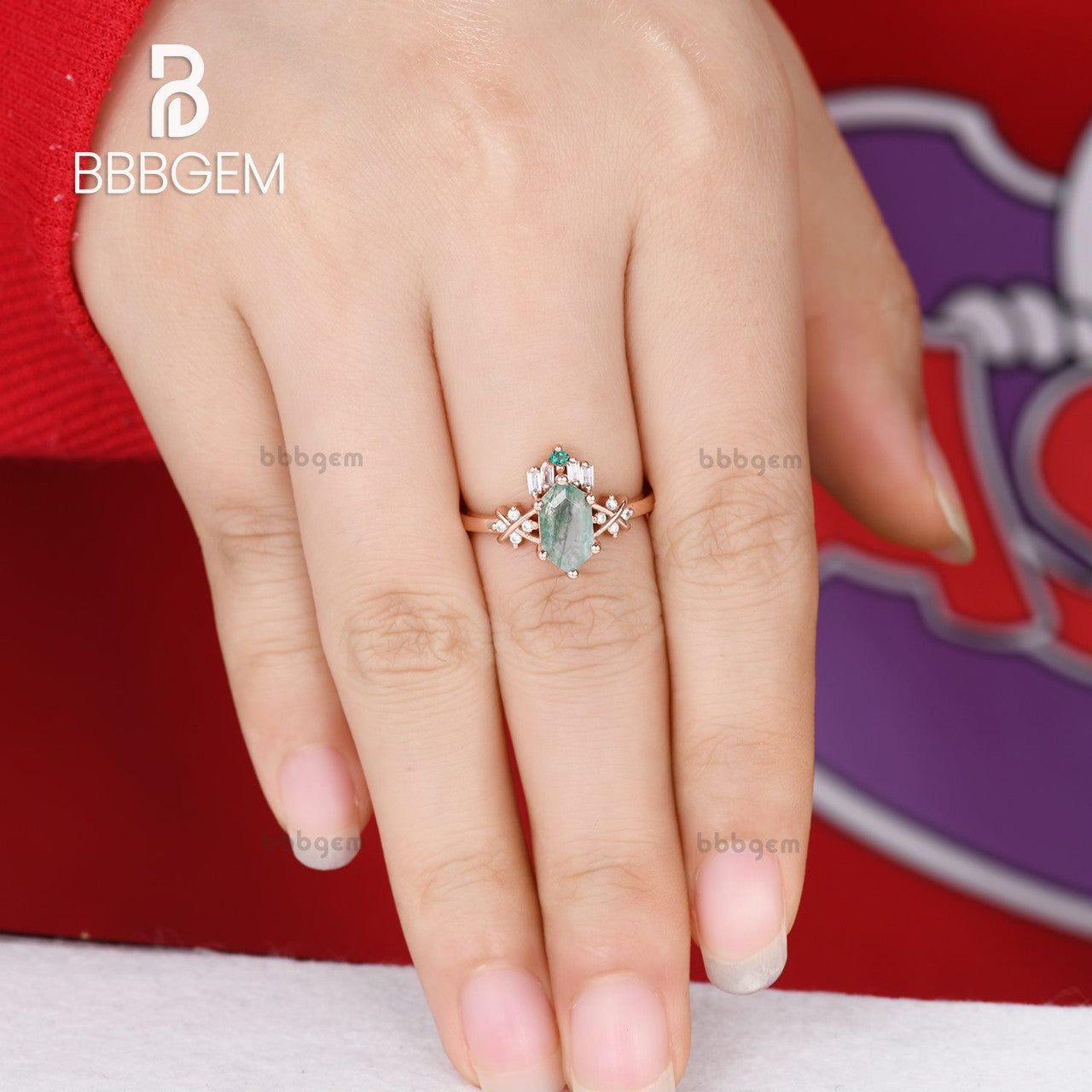 Unique Vintage 14K Rose Gold Hexagon Cut Moss Agate Engagement Ring with Diamond & Emerald Accents - Perfect for Romantic Proposals, Anniversary Gifts & Special Occasions