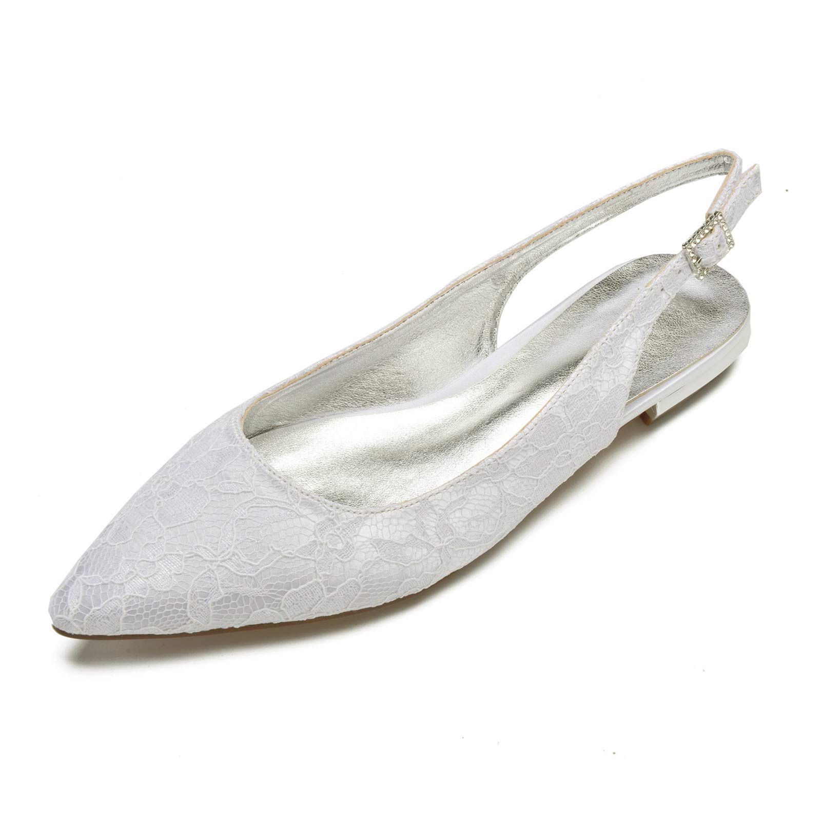 MGEM Women's Low Heel Pointed Toe Slingback Flats - Elegant Lace Satin Bridal Wedding Shoes & Comfortable Sandals for Bride, Bridesmaid, and Special Occasions