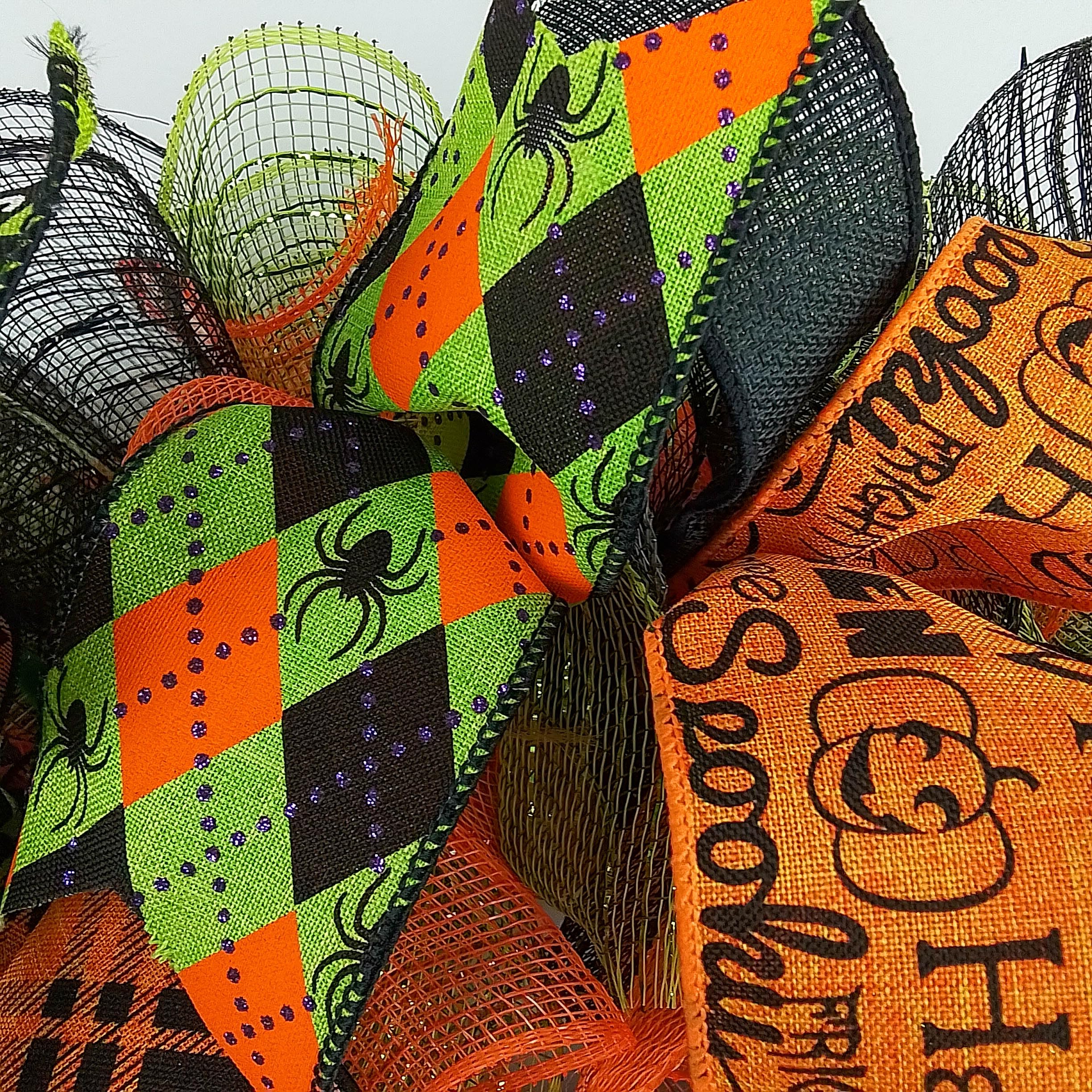 Happy Halloween Wreaths - Mesh Outdoor Front Door Decor in Black, Orange, Purple & Lime Green | Spooky Fall Porch Decoration for Home & Party