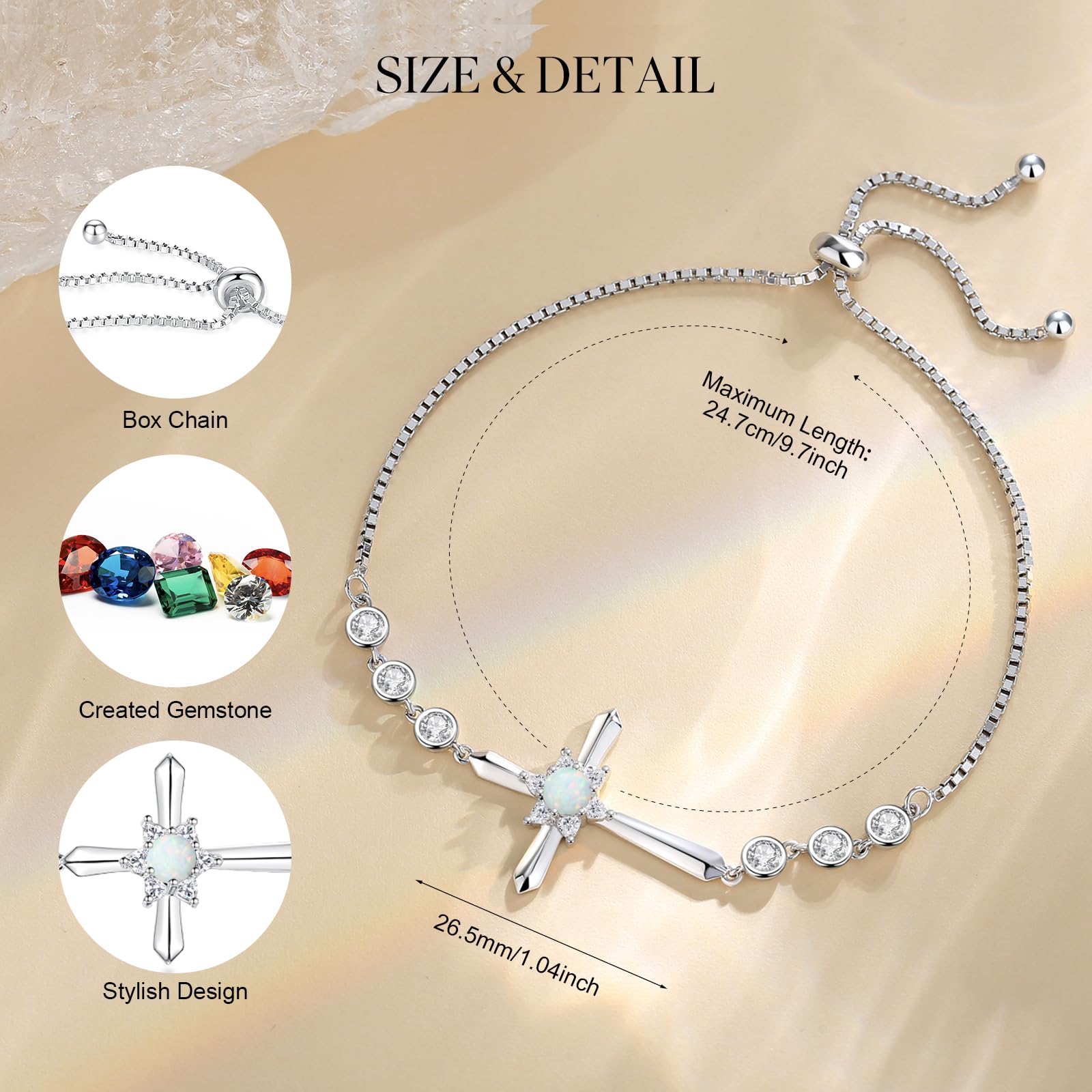 FANCIME 925 Sterling Silver Halo Birthstone Bracelet for Women - Elegant Cross Charm Bracelet, Fine Jewelry Birthday Gift for Her - Perfect for Everyday Wear, Special Occasions & Gifts