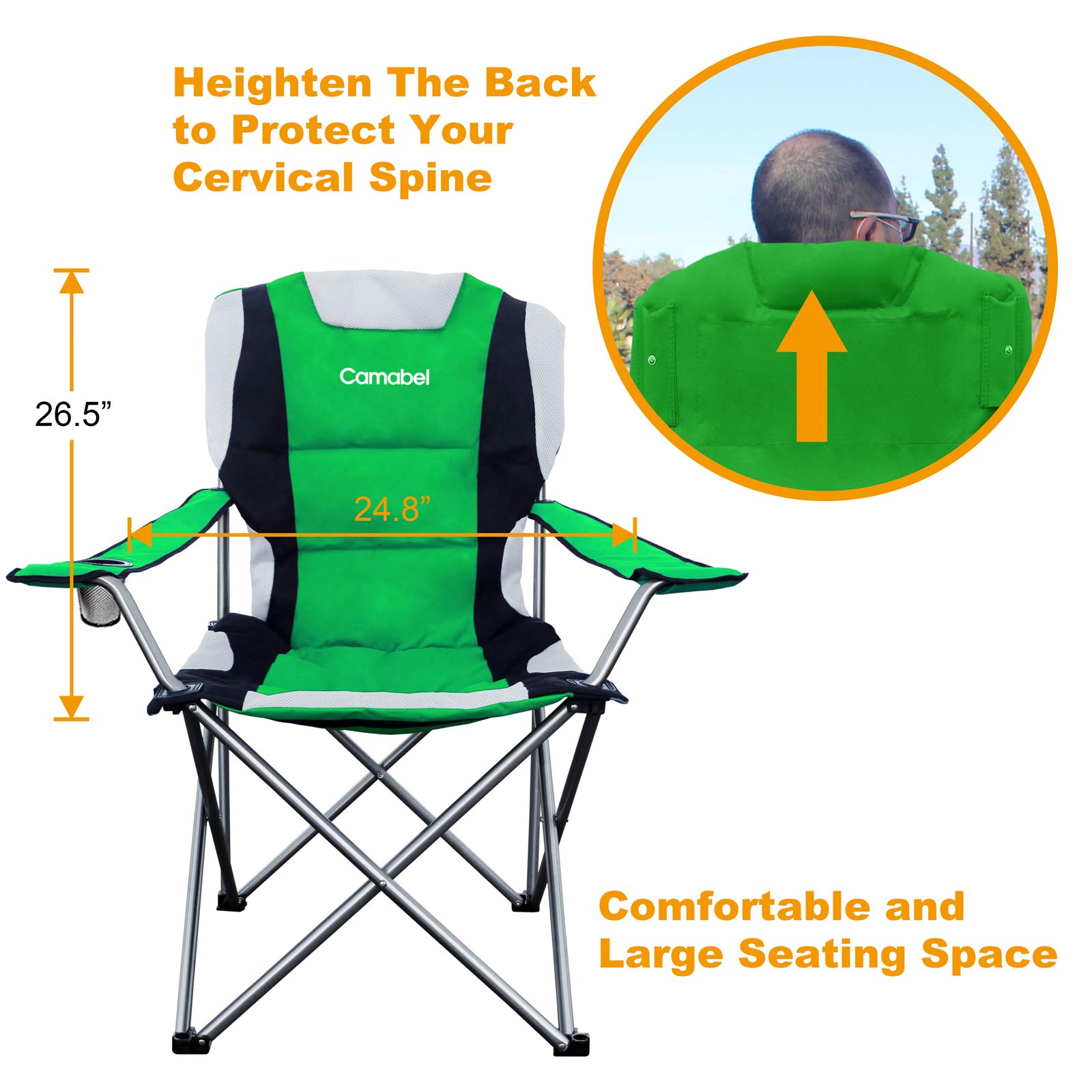 Camabel Heavy Duty Folding Camping Chair - 400lbs Capacity, Extra Large Padded Outdoor Lawn Chair for Beach, Hiking, Fishing, BBQ & Sports Events - Lightweight Portable with Storage Bag & Cup Holder (Green) - Perfect for Backyard, Picnics, Tailgating & Camping