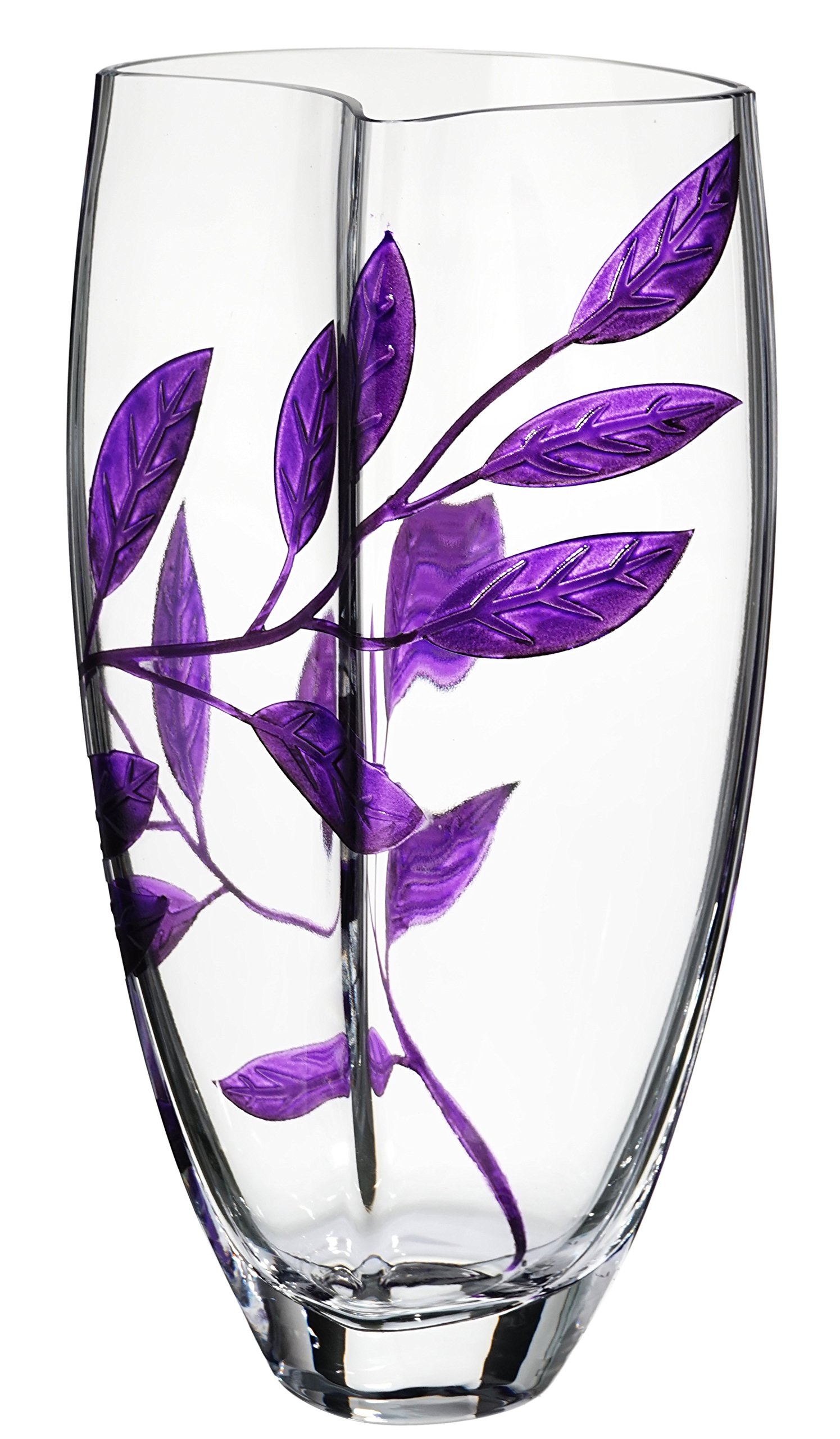 Luxury Hand Blown Glass Vase with Sandblasted Purple Leaves Design - 11.4 Inch (29cm) Clear Unique Shape Home Decor - Elegant Gift in Golden Box for Wedding, Anniversary & Living Room Decoration