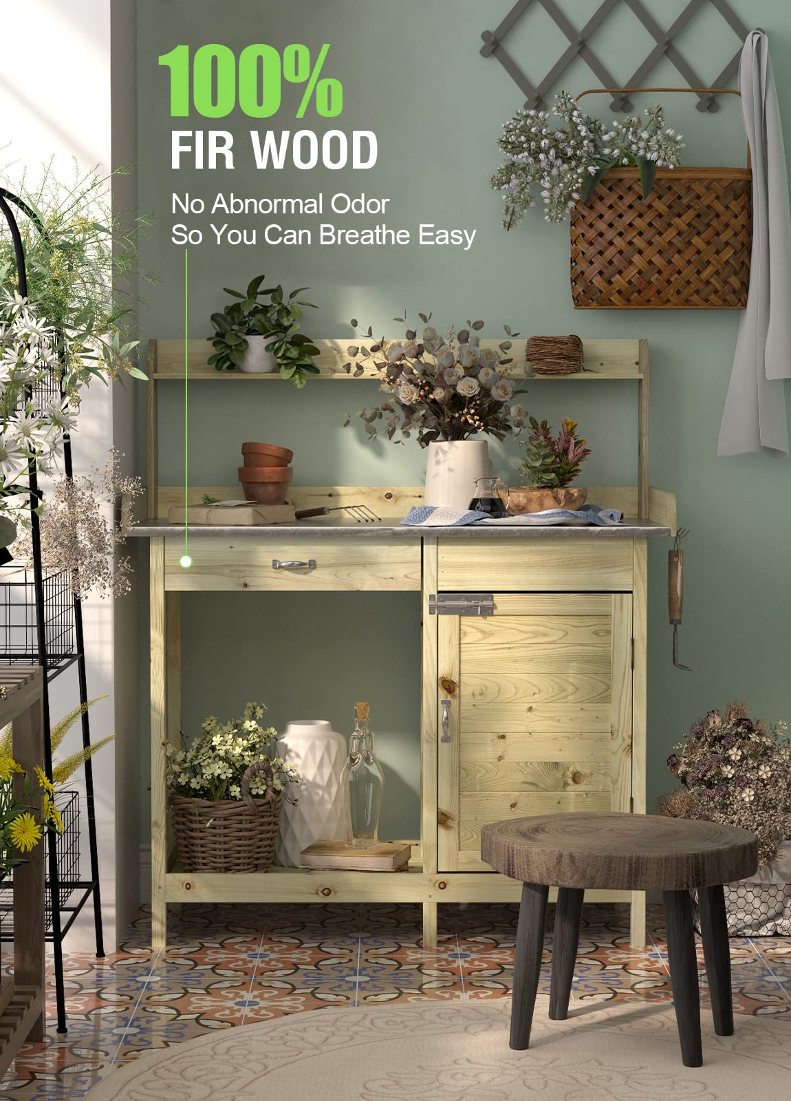 **ARNOT Wooden Potting Bench with Cabinet & Storage Shelf - Outdoor Garden Work Station for Planting, Potting & Organizing Garden Supplies - Perfect for Backyard, Patio & Greenhouse Use**