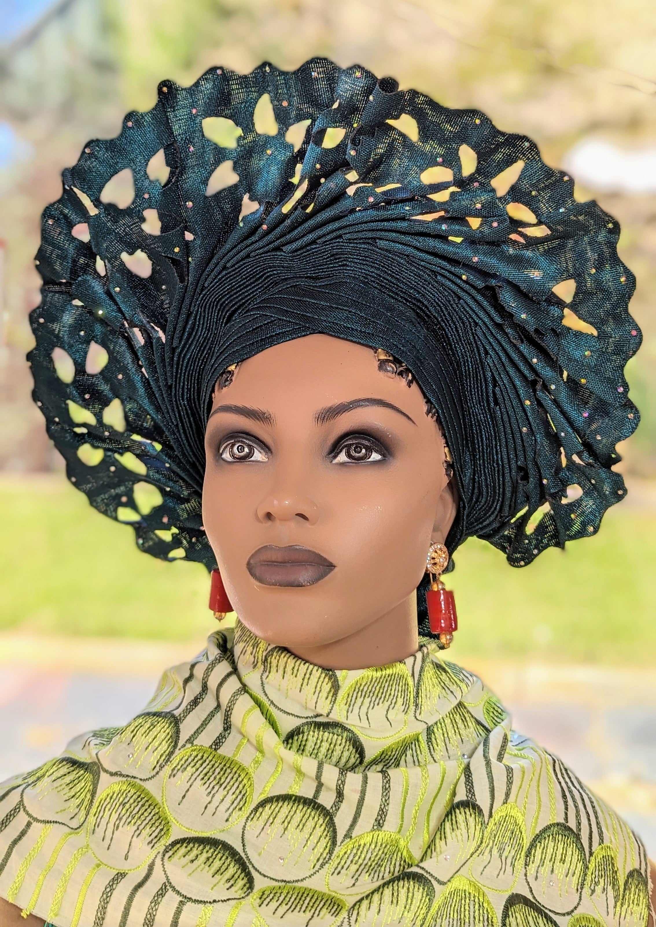 Exquisite Emerald Green Laser-Cut Aso Oke African Head Wrap | Pre-Tied Autogele Head Tie for Women | Perfect for Weddings, Parties & Cultural Events (DPAGEMG21)