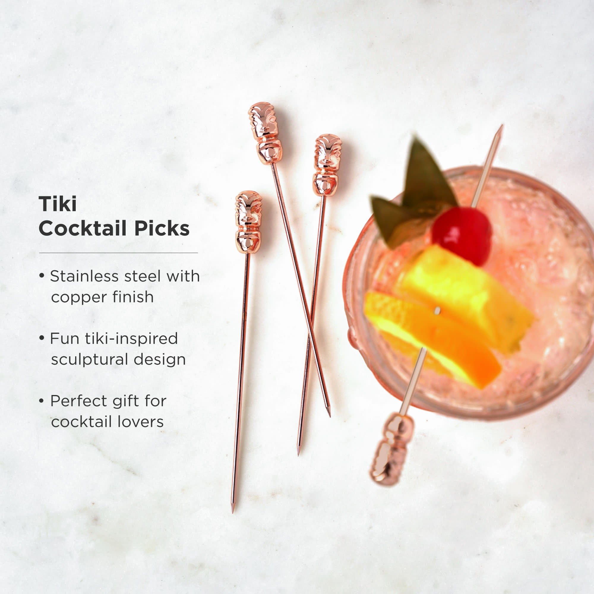 Premium Copper Tiki Cocktail Picks Set of 4 - Hawaiian Themed Drink Stirrers for Tropical Cocktails, Party Decor & Home Bar Accessories - Perfect for Luau Parties, Summer BBQs & Beach Themed Events