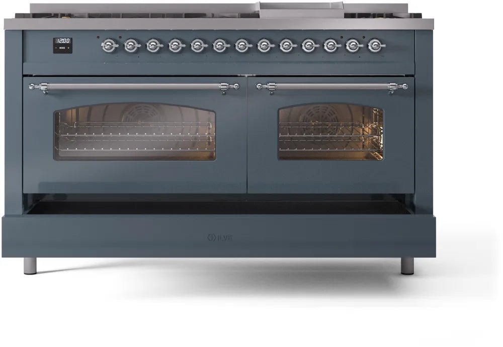 ILVE Nostalgie II 60 Inch Dual Fuel Natural Gas Range - Blue Grey with Chrome Trim (UP60FNMPBGC) | Professional Kitchen Appliance for Home Chefs & Restaurants