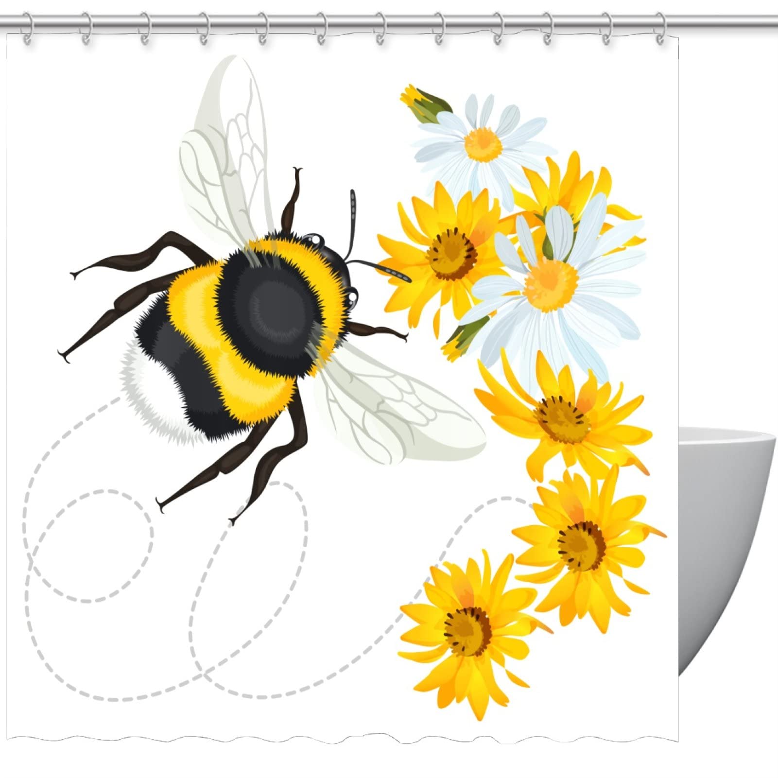 Bumble Bee and Flowers Shower Curtain 60x72 Inches - Cute Bathroom Decor with Hooks, Waterproof Fabric for Home & Guest Bathroom - Perfect for Kids Room, Nursery, or Farmhouse Style Bathroom