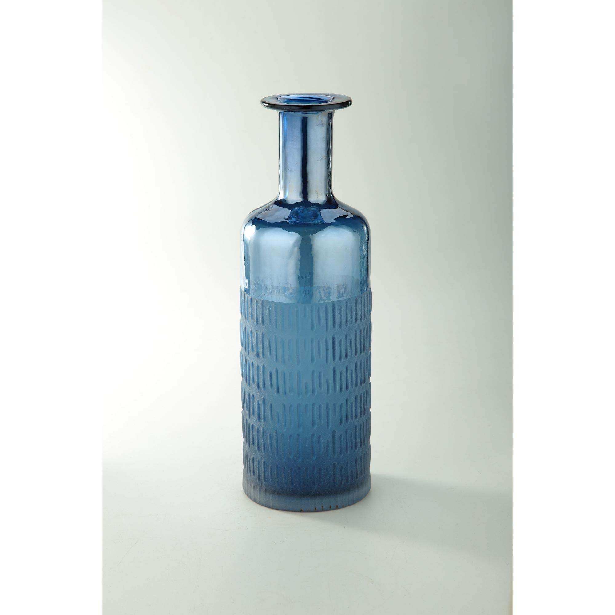 CC Home Furnishings 15.5 Inch Blue Line Pattern Embossed Glass Vase - Elegant Centerpiece for Wedding, Home Decor & Flower Arrangements