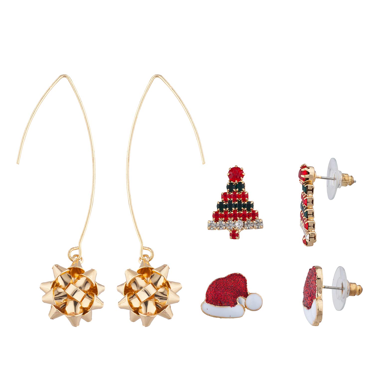 Gold Tone Christmas Tree & Red Hat Earrings - Festive Holiday Jewelry for Women, Party Accessories, Gift Ribbon Design - Perfect for Christmas Parties, Office Celebrations & Holiday Gifting