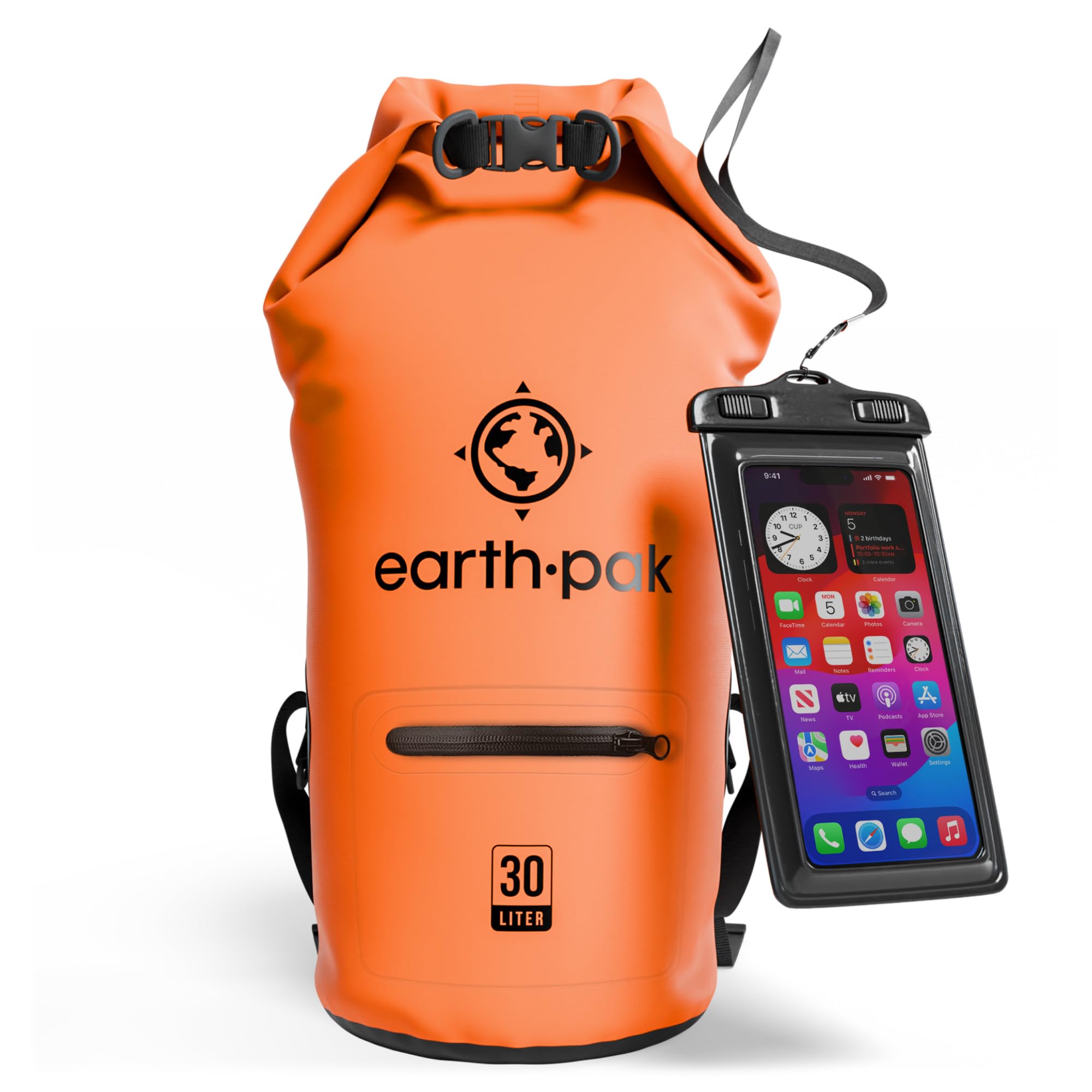 Earth Pak Waterproof Dry Bag Backpack with Zippered Pocket - Keep Gear Dry for Kayaking, Swimming, Hiking & Beach - Includes Waterproof Phone Case for Outdoor Adventures