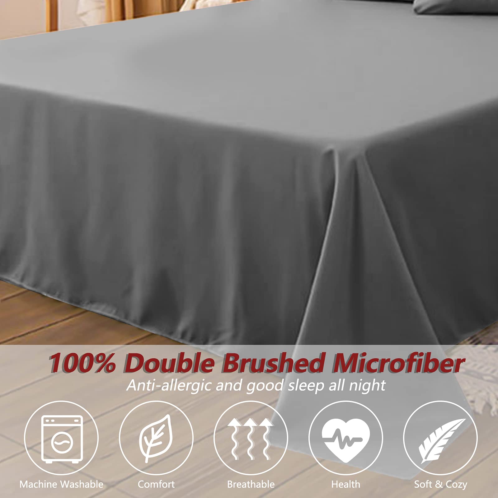 Breathable Microfiber Bed Sheets - Ultra Soft, Wrinkle Resistant & Double Brushed Flat Sheet for Twin, Full, Queen & King Size Beds | Machine Washable (Gray, Queen Size) - Perfect for All-Season Comfort in Bedroom, Guest Room or Dorm