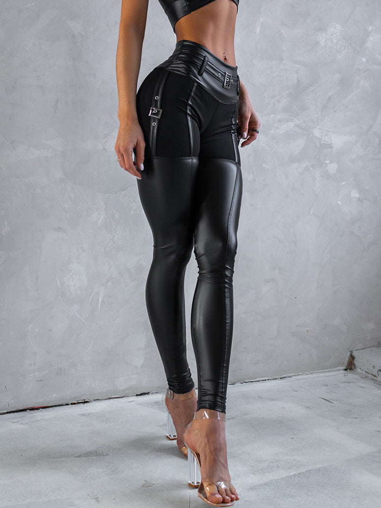 ZASUWA Women's High Waist PU Glossy Cross Twist Metal Button Leggings - Tummy Control & Hip Lift for Yoga, Workout & Casual Wear