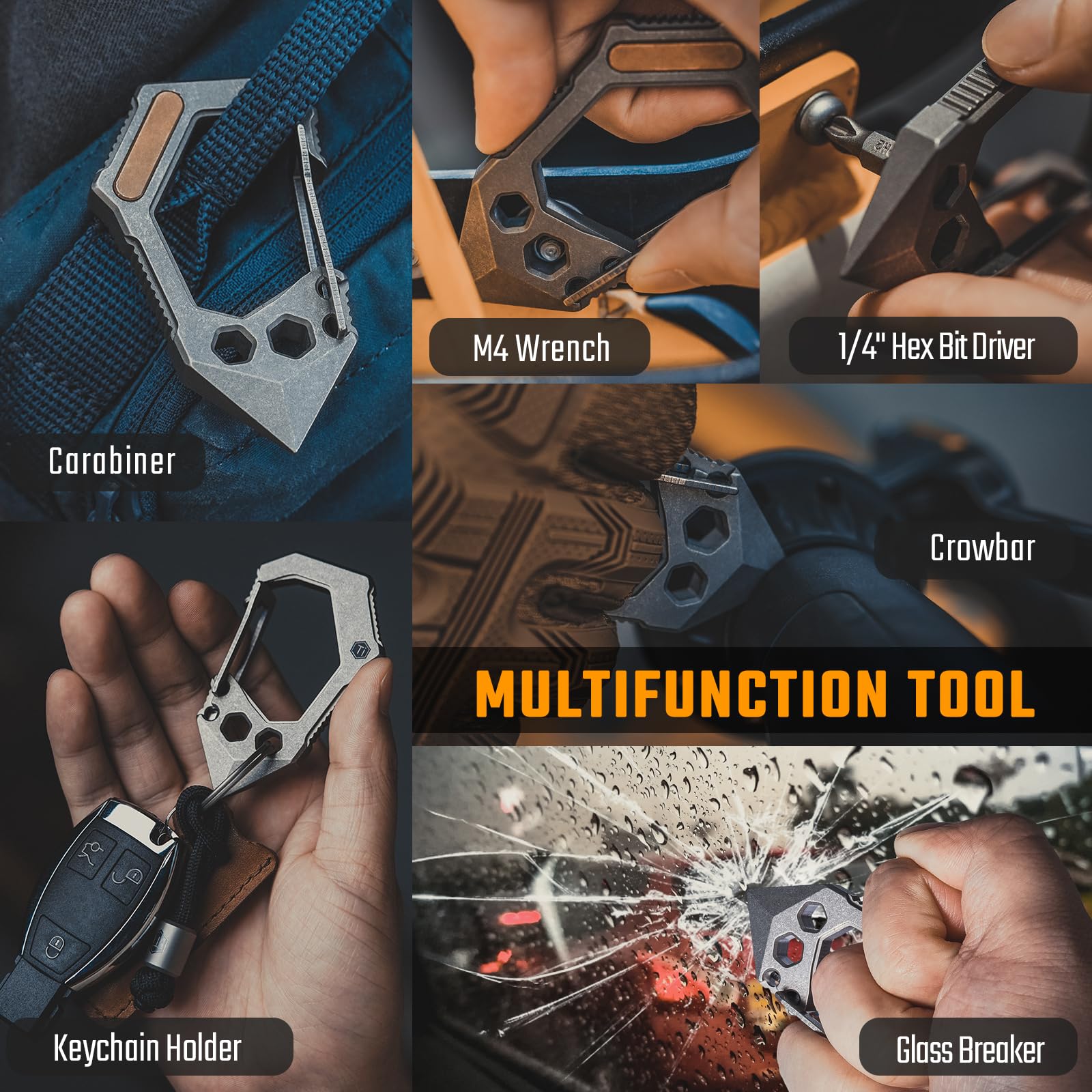 KeyUnity KU03 Titanium EDC 6-in-1 Multi-Tool with Quick Release Carabiner - Keychain Holder, Screwdriver Set, Bottle Opener, Pry Bar & Scraper - Perfect for Camping, Hiking, Survival & Everyday Carry (EDC)