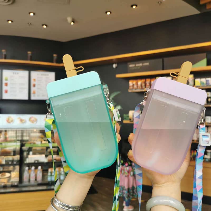 Kawaii Popsicle Water Bottle 300ml - Cute Juice Cup with Strap for Outdoor & School (Purple)