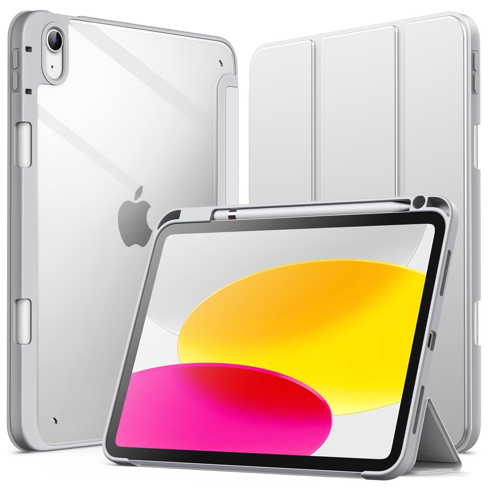 JETech Clear Shockproof iPad Case for 11th/10th Gen iPad (2025/2022 Model A16) - Slim Transparent Stand Cover with Pencil Holder & Auto Wake/Sleep (Silver) - Perfect for Work, School & Travel Protection