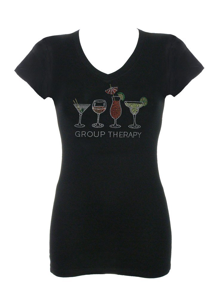 Women's Rhinestone Bling T-Shirt - Sparkly Graphic Tee for Group Therapy & Girls Night Out - Trendy Black Top for Parties, Bachelorette & Casual Wear