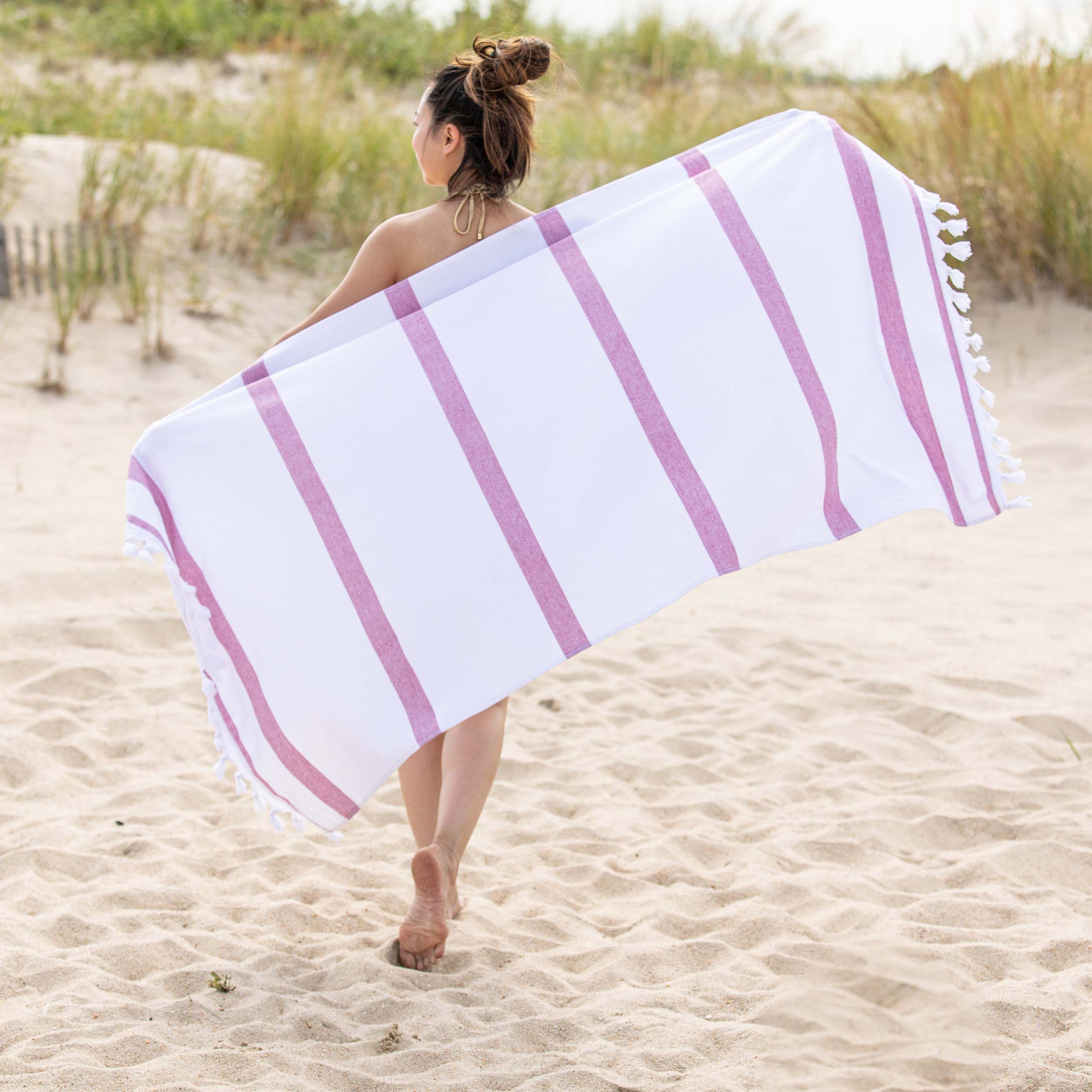 Premium Tropical Cabana Stripe Fouta 2-Piece Beach Towel Set with Tassels | Soft Quick-Dry Bath & Pool Towels for Summer Vacation, Beach Outing & Backyard Lounging