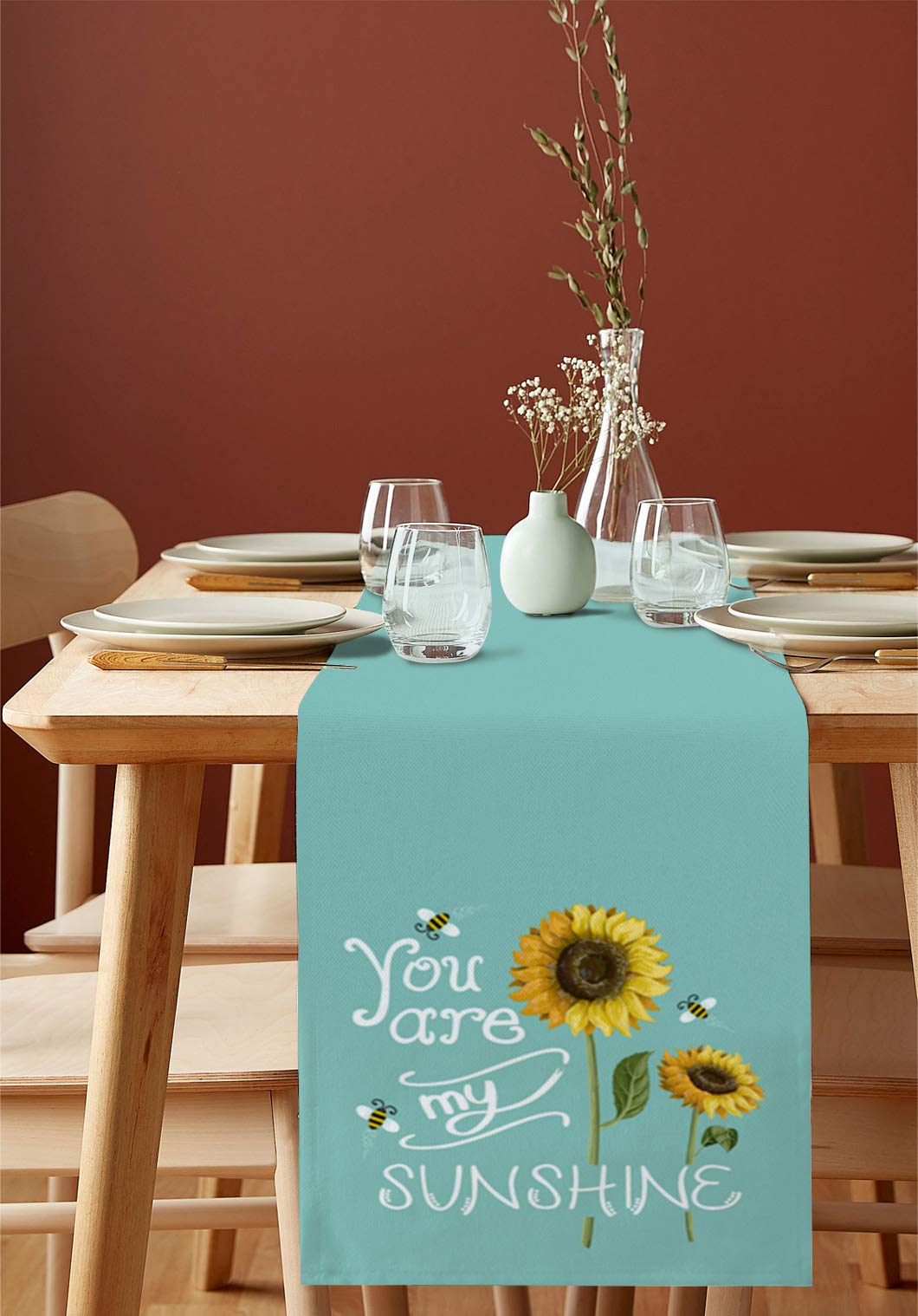 70 Inch Yellow Sunflower Table Runner - Teal Green Summer Tablecloth for Round, Kitchen, Coffee & Dining Tables - Perfect for Living Room Decor & Sunshine-Themed Gatherings
