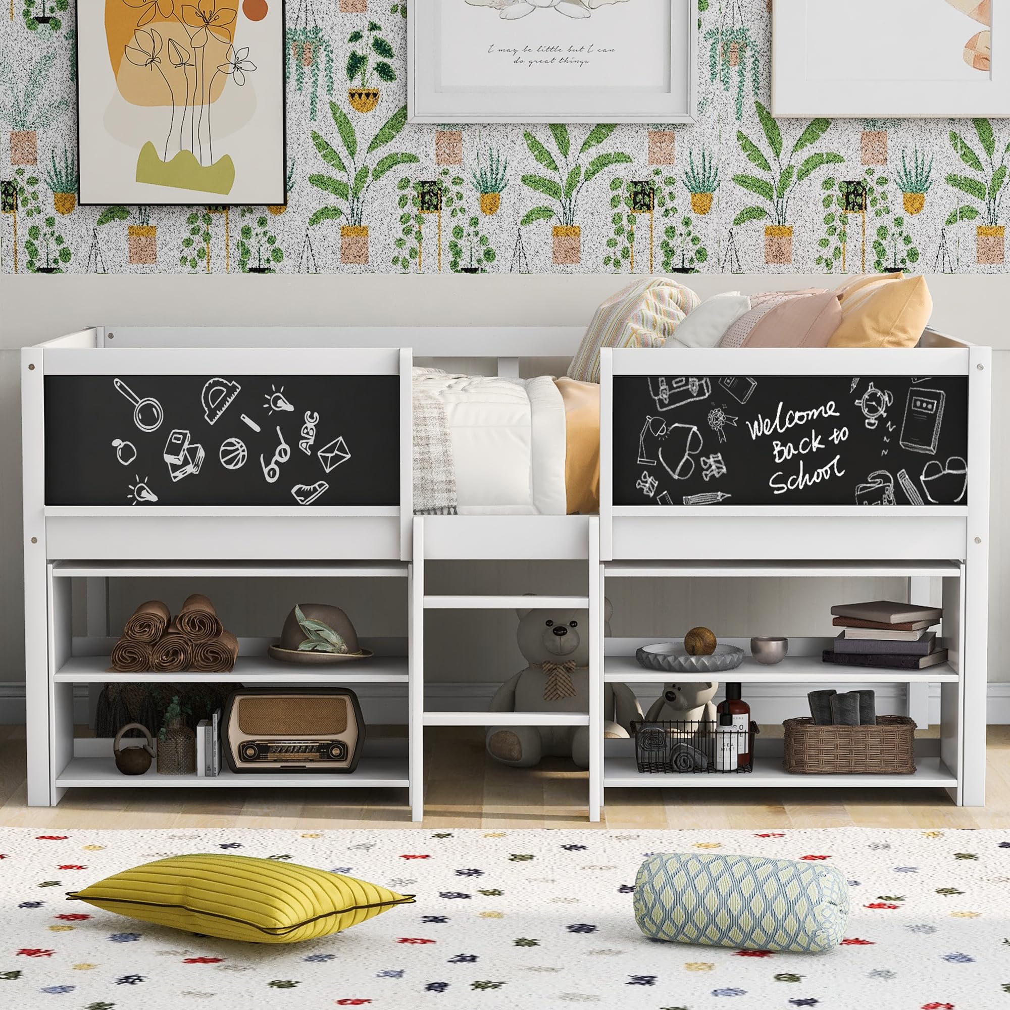 Harper & Bright Designs White Wooden Low Twin Size Kids Loft Bed with Movable Shelves, Storage Ladder & Chalkboard Guardrail - Space-Saving Bed Frame for Boys & Girls - Perfect for Small Bedrooms, Dorm Rooms & Kids' Rooms