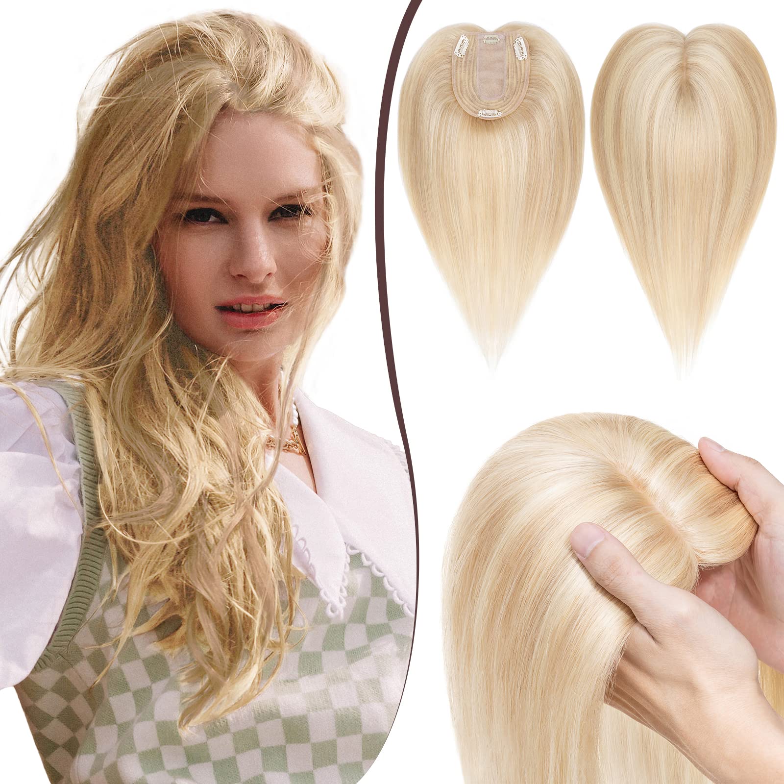 SEGO Clip-in Human Hair Topper for Women - No Bangs Remy Hair Topper with Silk Base, 4 Clips for Thinning Hair & Hair Loss - Perfect for Covering Grey Hair & Daily Styling (Work, Parties, Weddings)