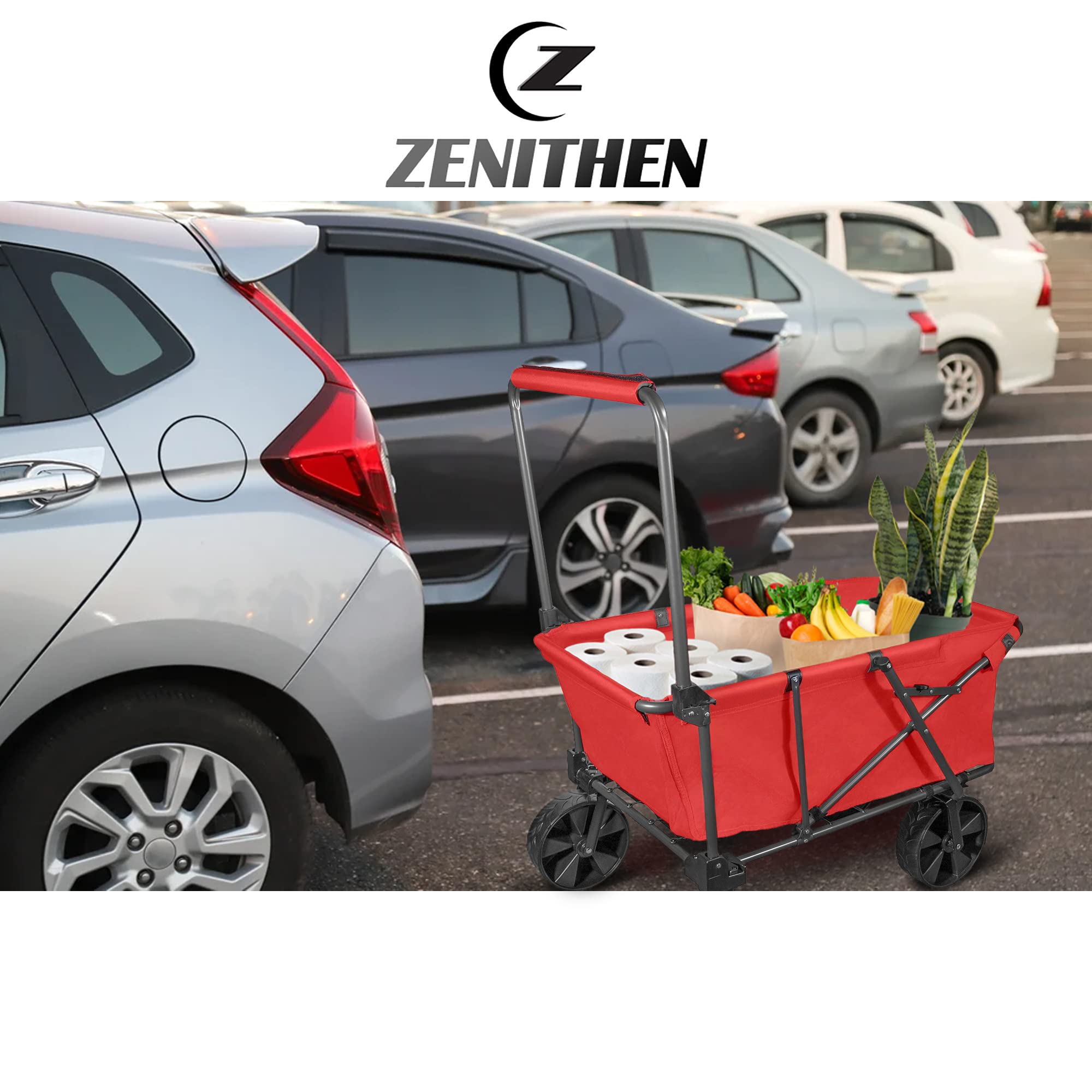 Zenithen Steel Foldable Large Utility Cart with X-Large All-Terrain Wheels - Heavy Duty Folding Wagon for Camping, Beach, Yard Work, Groceries & Outdoor Activities (Red)