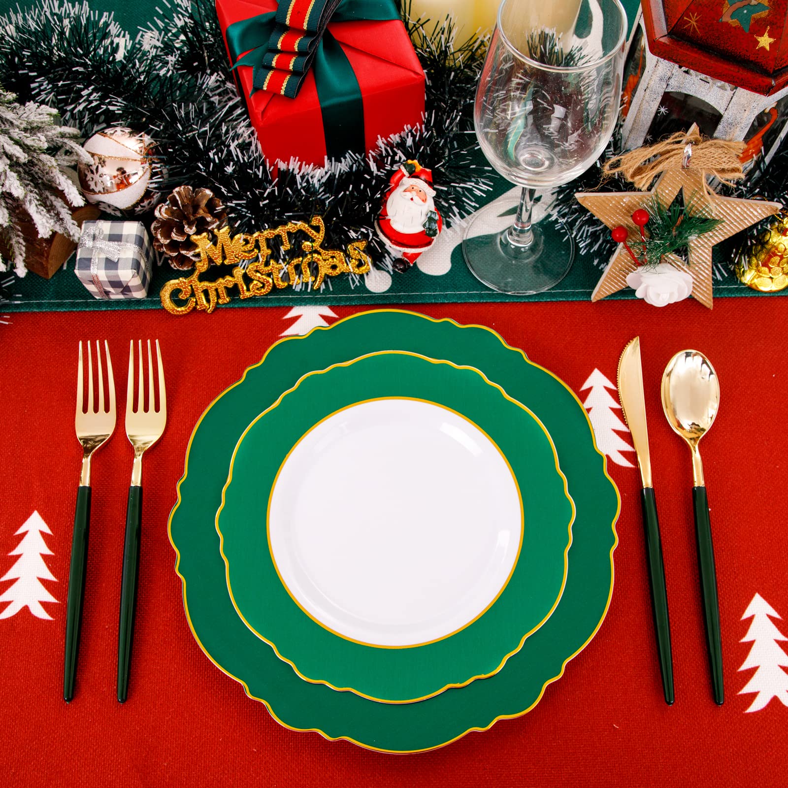 WDF 30-Pack Gold Christmas Plates Disposable with Green Handle - Elegant Baroque Plastic Dinnerware Set for Holiday Parties, Family Gatherings & Festive Celebrations