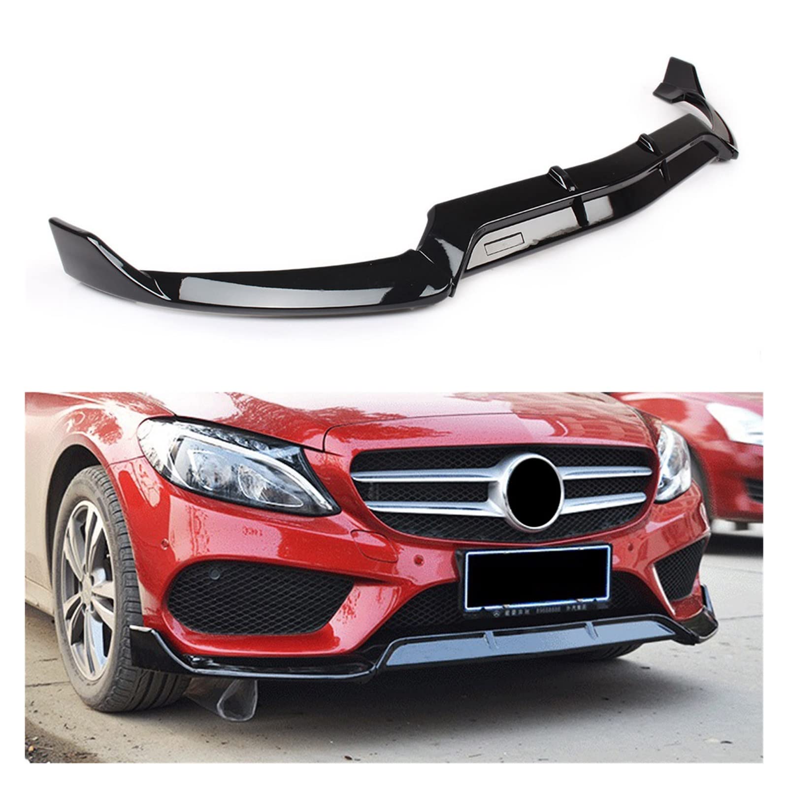 Mercedes Benz C-Class W205 Front Bumper Lip Spoiler (2015-2018) - ABS Gloss Black 3PC Sport Style Body Kit - Perfect for Street Racing & Car Shows