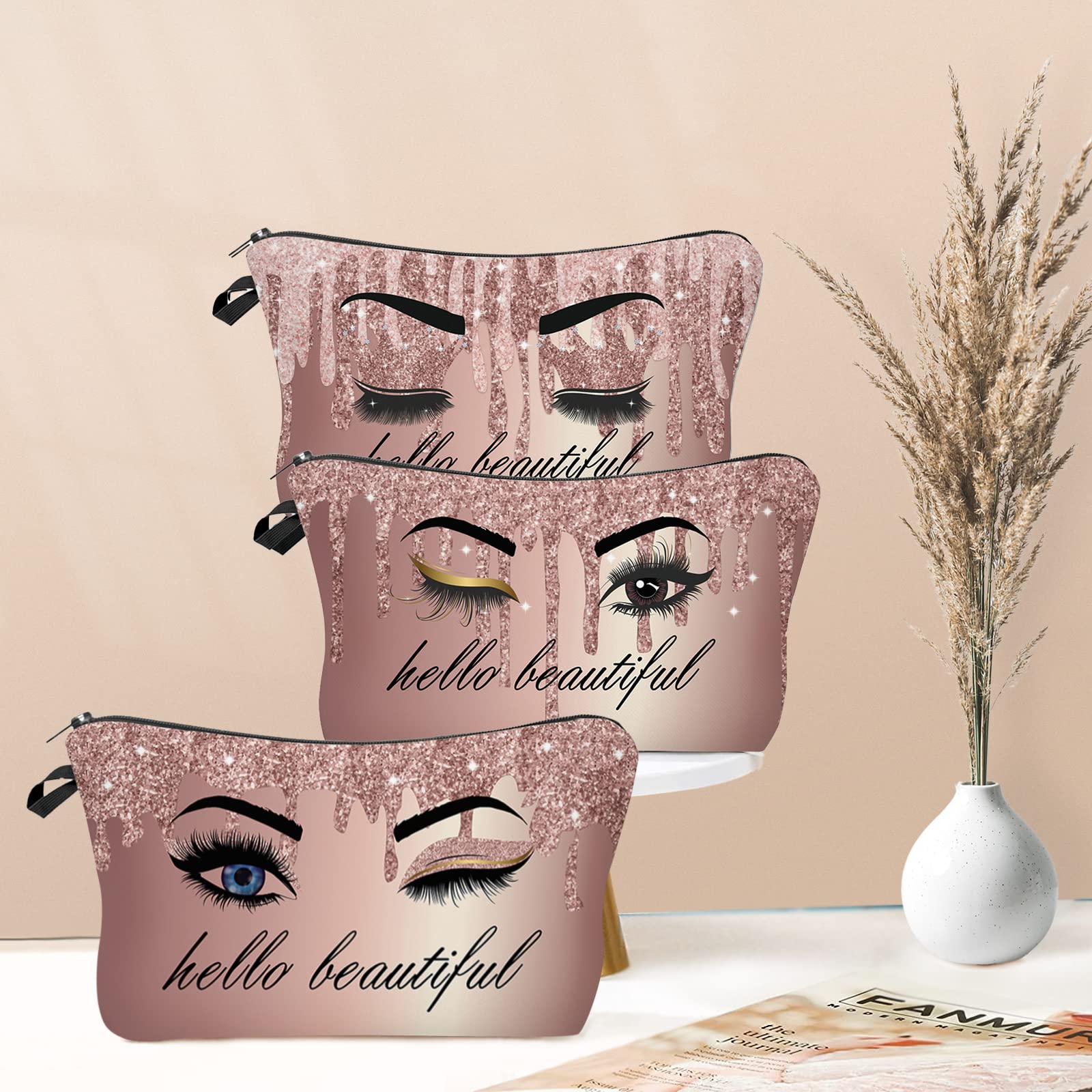 Hello Beautiful Inspirational Makeup Bag for Women - Small Cosmetic Pouch for Purse, Travel Toiletry Organizer, Boho Funny Gift - Perfect for Daily Use, Travel & Gym Accessories