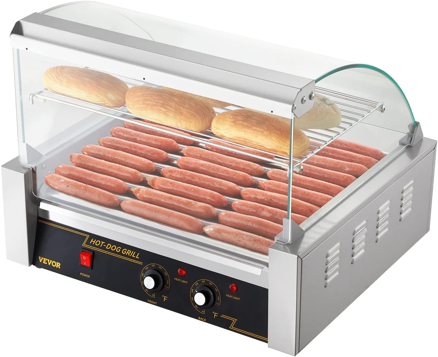 VEVOR Commercial Hot Dog Roller Machine - 11 Stainless Steel Rollers, 1650W, 30 Hot Dogs Capacity - Dual Temperature Control, Glass Hood, Bun Warmer & Removable Drip Tray - ETL Certified for Restaurants, Food Trucks & Outdoor Events