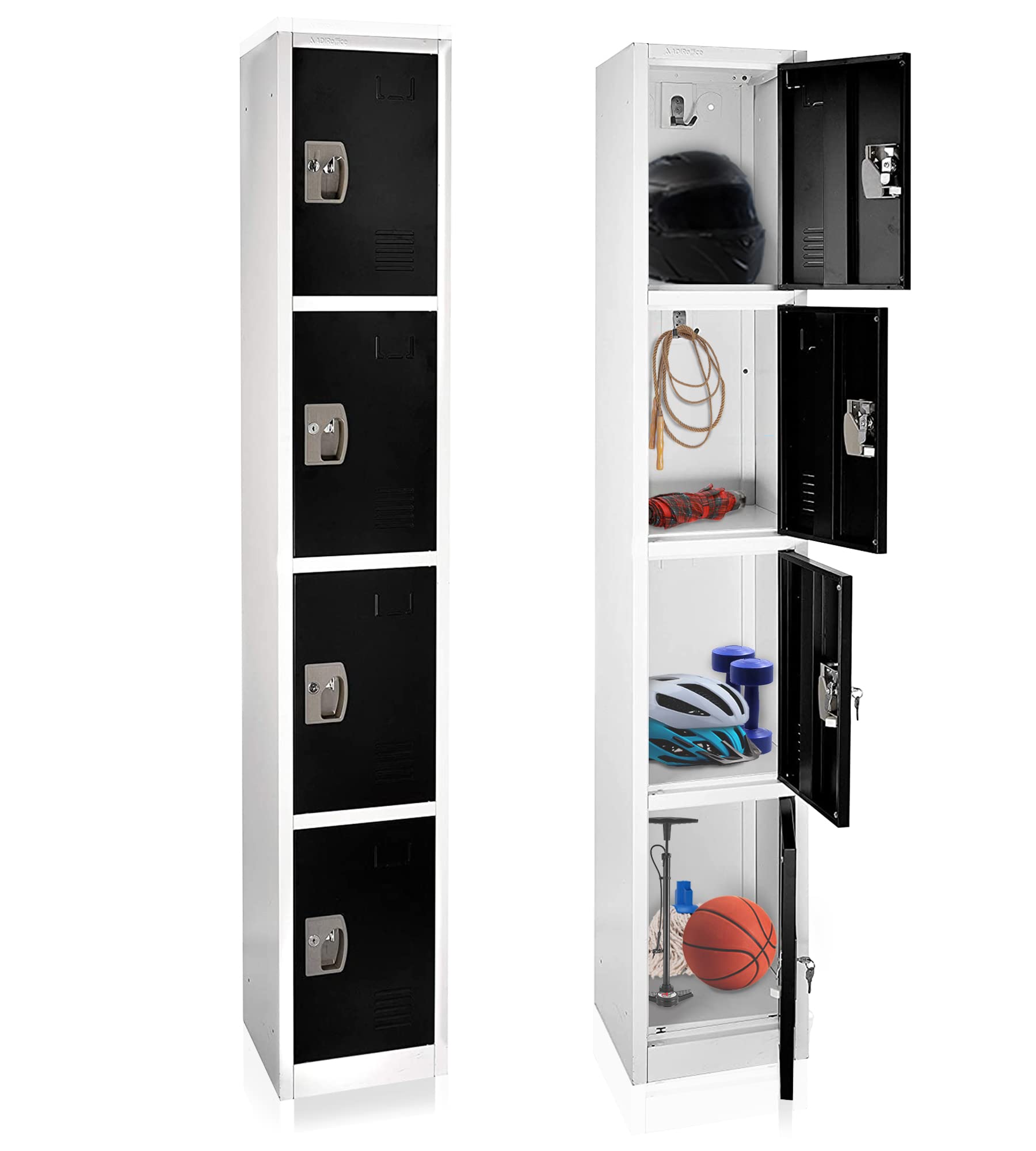 AdirOffice 4-Door Large School Locker with Hooks - Heavy Duty Garage & Office Storage Cabinet for Sports Equipment, Backpacks & Supplies (Black, 4-Door) - Perfect for Schools, Gyms & Home Organization