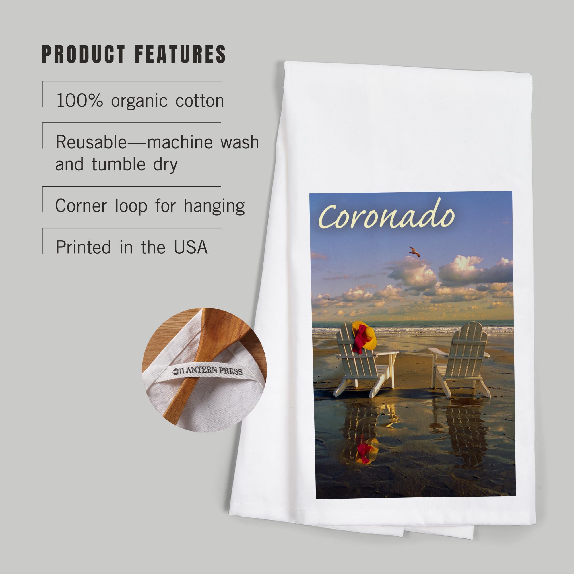Lantern Press Coronado California Beach Adirondack Chairs Cotton Tea Towel - Decorative Hand Towel for Kitchen, Home & Coastal Decor - Perfect for Beach Houses, Coastal Themed Kitchens & Gift Giving