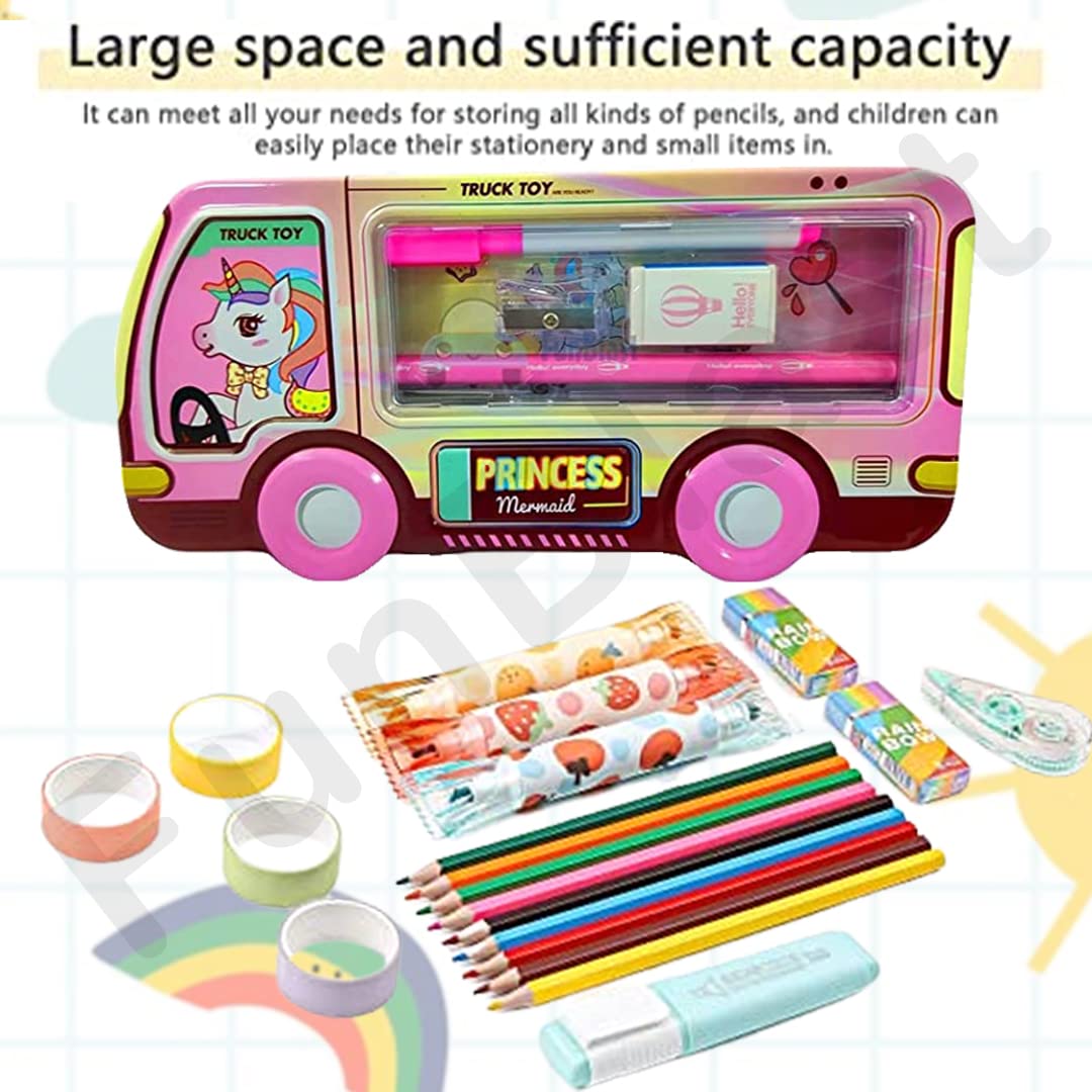 FunBlast Double Layer Metal Pencil Box Set for Kids - Includes Pencils, Eraser & Sharpener - School Stationery Organizer Case - Perfect for Classroom, Homework & Birthday Gifts (Blue)