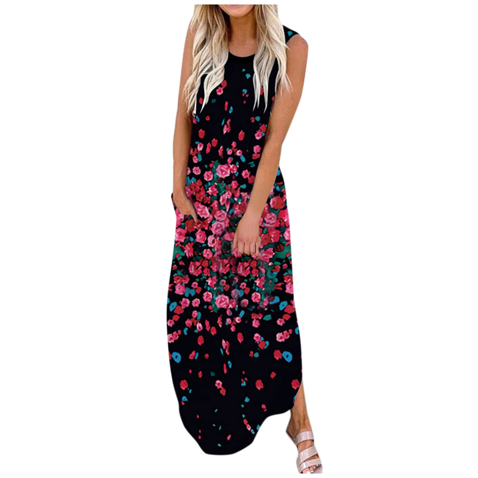 Women's Tie-Dye Maxi Dress - Casual Loose Floral & Graffiti Print Sleeveless Long Summer Dress for Beach, Vacation & Outdoor Activities