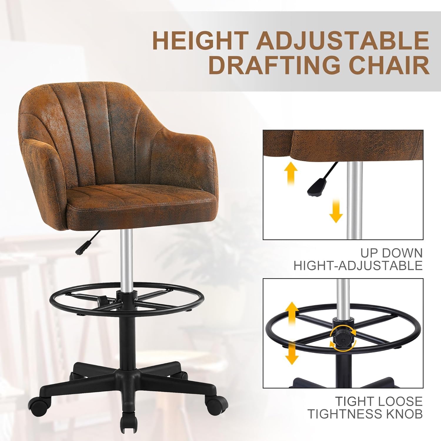 VECELO Ergonomic Drafting Chair with Adjustable Height, Lumbar Support & Footrest - Perfect for Home Office, Standing Desk, Computer Workstation & Bedroom Vanity (Black)
