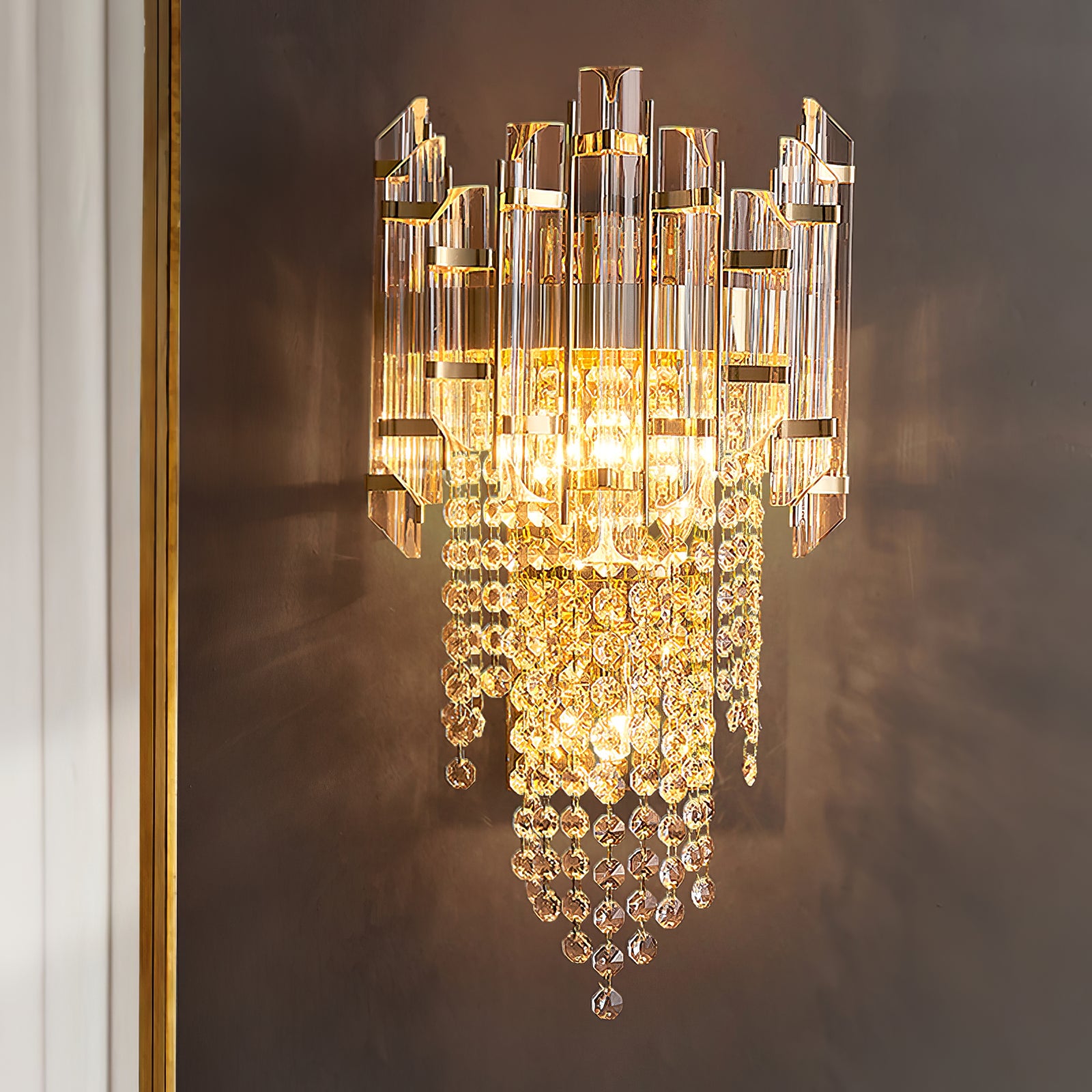 Crystal Tiered Wall Sconce - Elegant Clear Glass Light Fixture for Living Room, Bedroom, or Hallway Decor