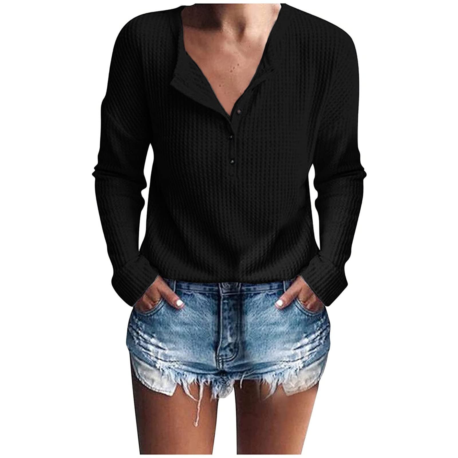 Women's Waffle Knit Henley Shirt - Long Sleeve Ribbed Button Down Blouse, Loose Fit Casual Tunic Top, Solid Color Elegant Sweatshirt for Everyday Wear, Office, and Weekend Outings
