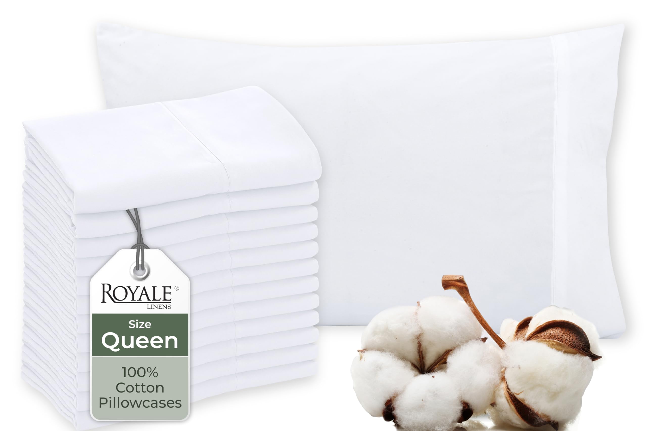 Premium 100% Cotton Queen Size Pillowcases Set of 12 - Soft & Cooling White Pillow Covers with Envelope Closure - 20