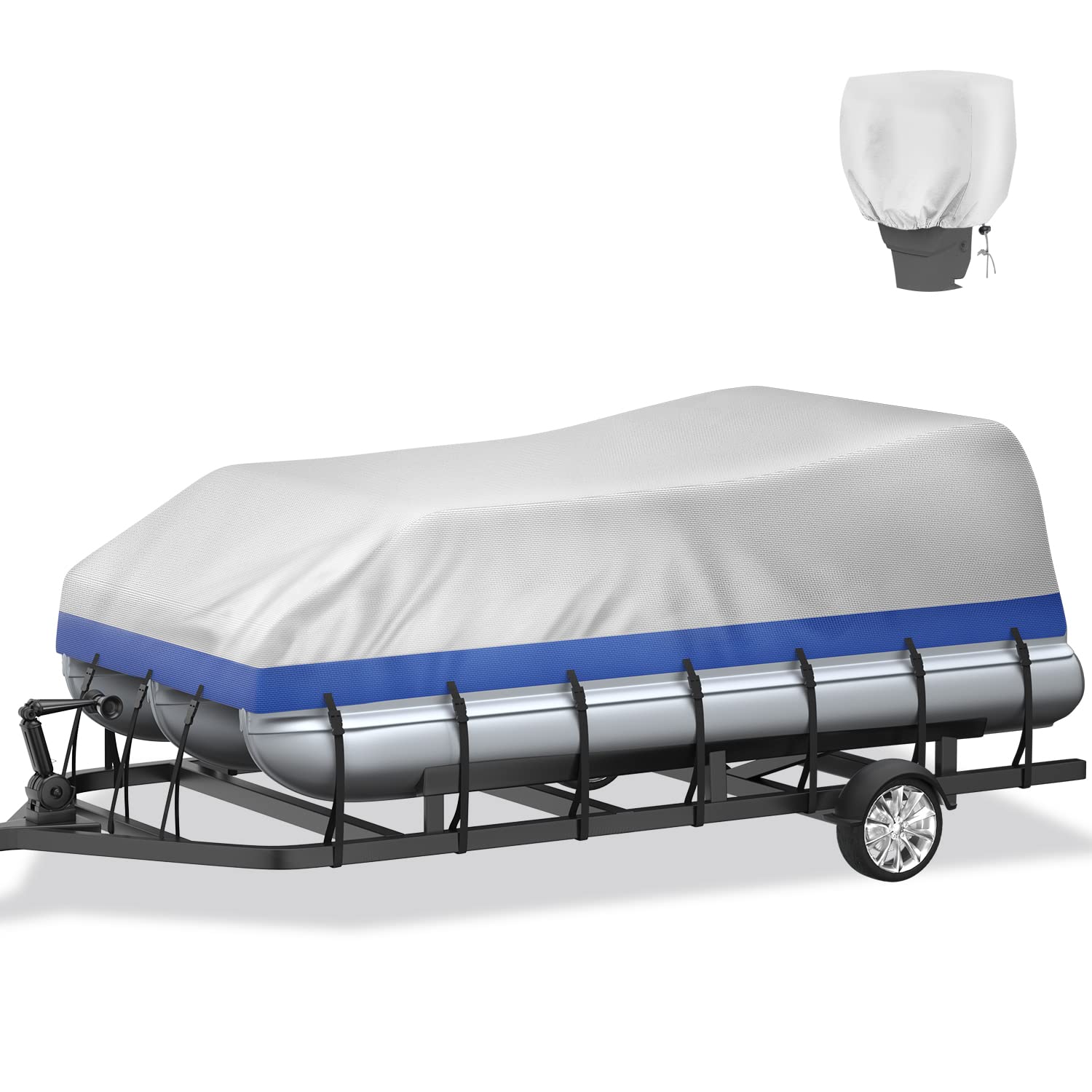 Heavy Duty 800D Marine Grade Waterproof Pontoon Boat Cover with Motor Cover - UV Resistant Solution-Dyed Polyester - Fits 25' to 28' Boats (Blue-Silver) - Perfect for Outdoor Storage & Dock Protection