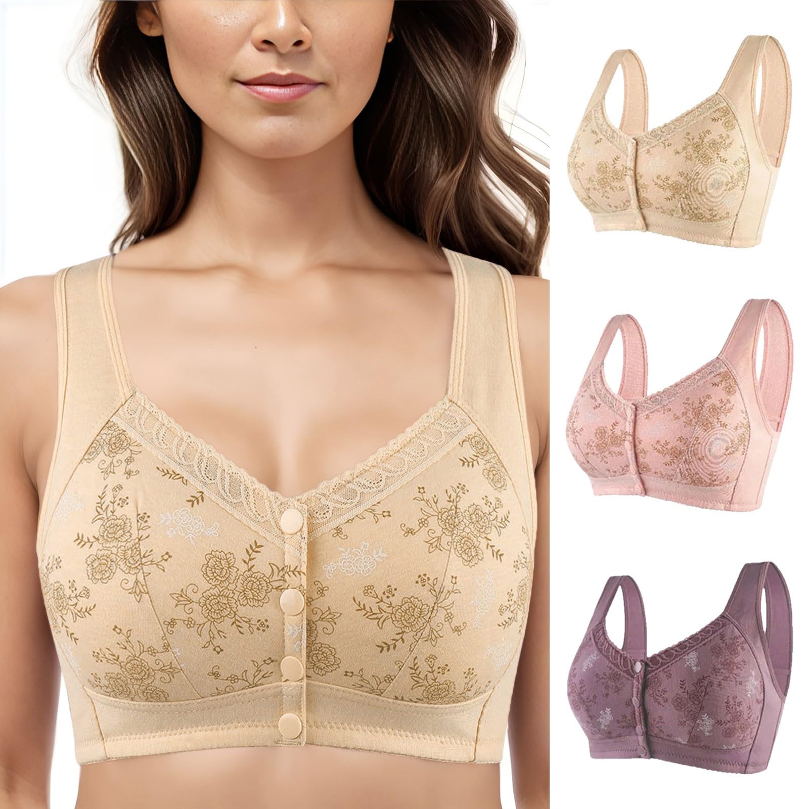 Women's Front Closure Push Up Bra 3-Pack - Comfortable No Underwire Support, Everyday Wear for Work, Gym & Casual Outfits