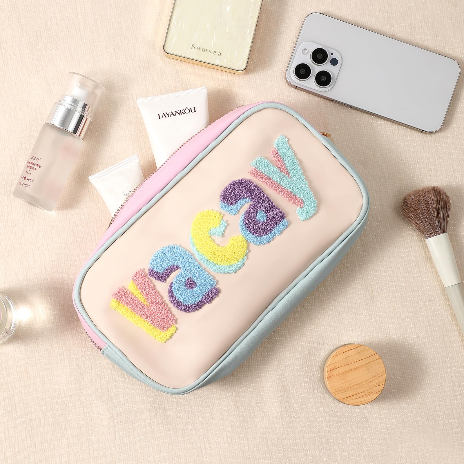 **Personalized PU Leather Chenille Letter Makeup Bag – Waterproof Cosmetic Bag with Zipper for Women & Girls | Preppy Travel Organizer & Toiletries Pouch (03 VACAY) – Perfect for Vacations, Gym, and Daily Essentials Storage**