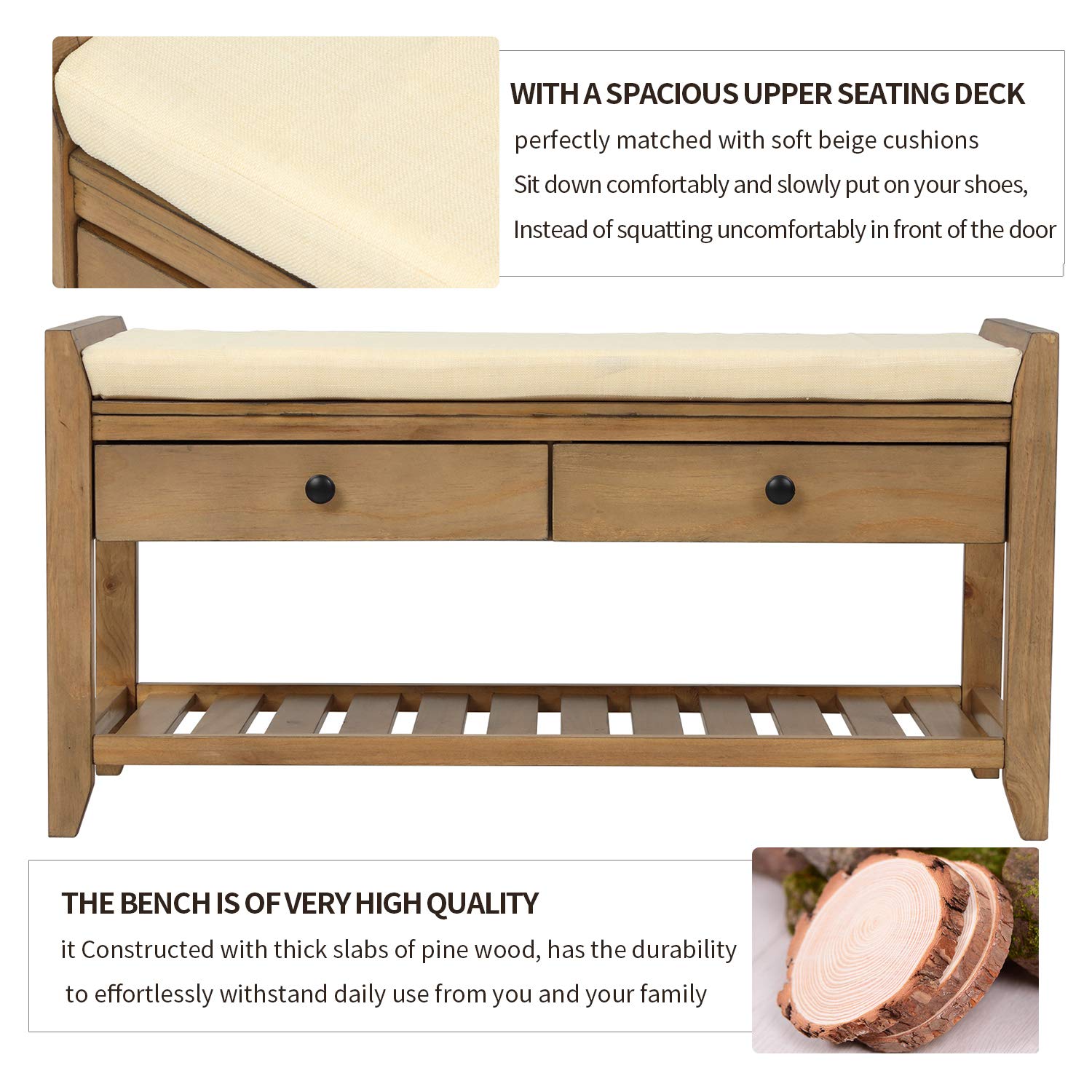 Old Pine Storage Bench with Drawers - Multi-Functional Ottoman Shoe Rack with Cushioned Seat for Living Room, Entryway, Bedroom, Outdoor & Porch - Perfect for Home Organization and Extra Seating