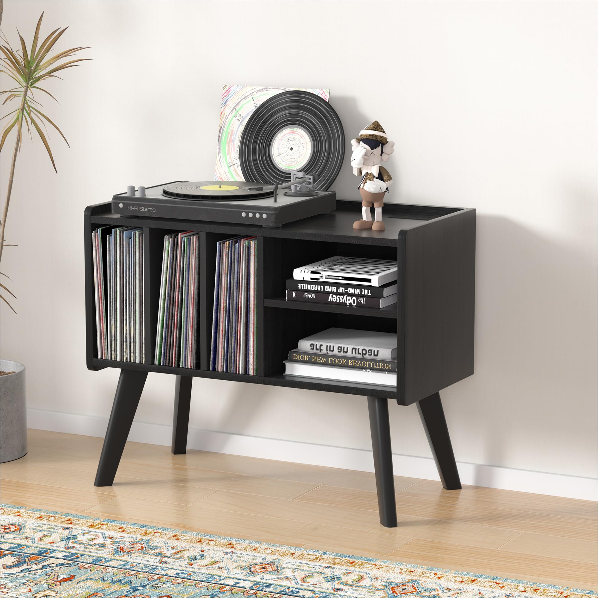 Forevich Large Vinyl Record Player Stand with Storage Cabinet - Holds 220+ Albums, Wooden Legs & Built-in Power Outlet - Turntable Shelf for Living Room, Home Theater & Music Studio (Black)