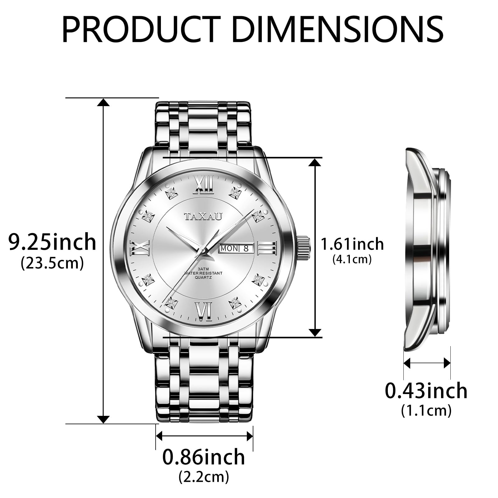 **Luxury Men's Stainless Steel Watch with Diamond Accents - Water Resistant, Big Face, Date Display - Quartz Business Watch for Men (Silver/Black/Grey) - Perfect for Office, Formal Events & Gifts**
