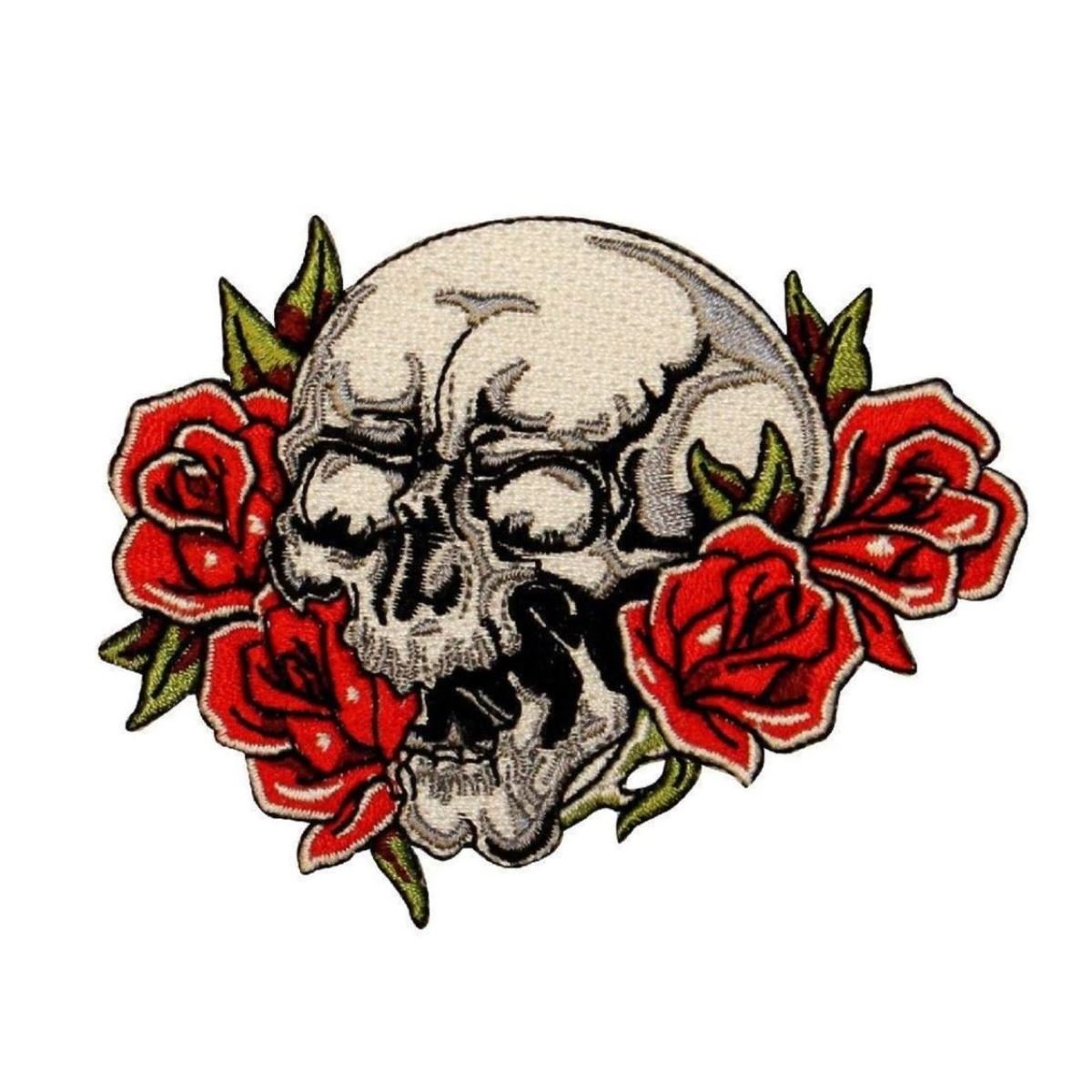 Skull With Roses Biker Patch - Embroidered Iron On Applique for Jackets, Vests & Bags - Gothic Motorcycle Accessories & Punk Fashion Decor